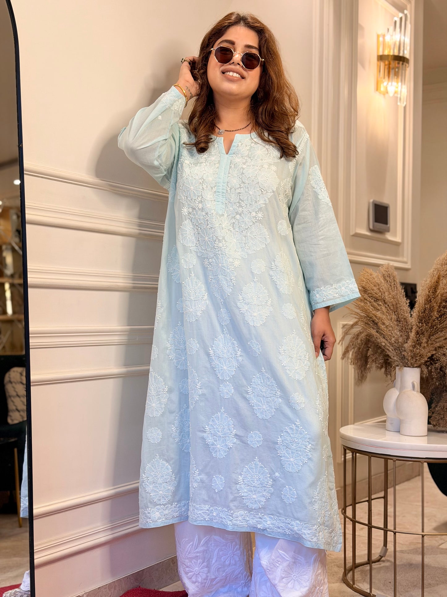 Hand Embroidered Chikankari Kurta | Premium Mul Cotton |Ocean Blue