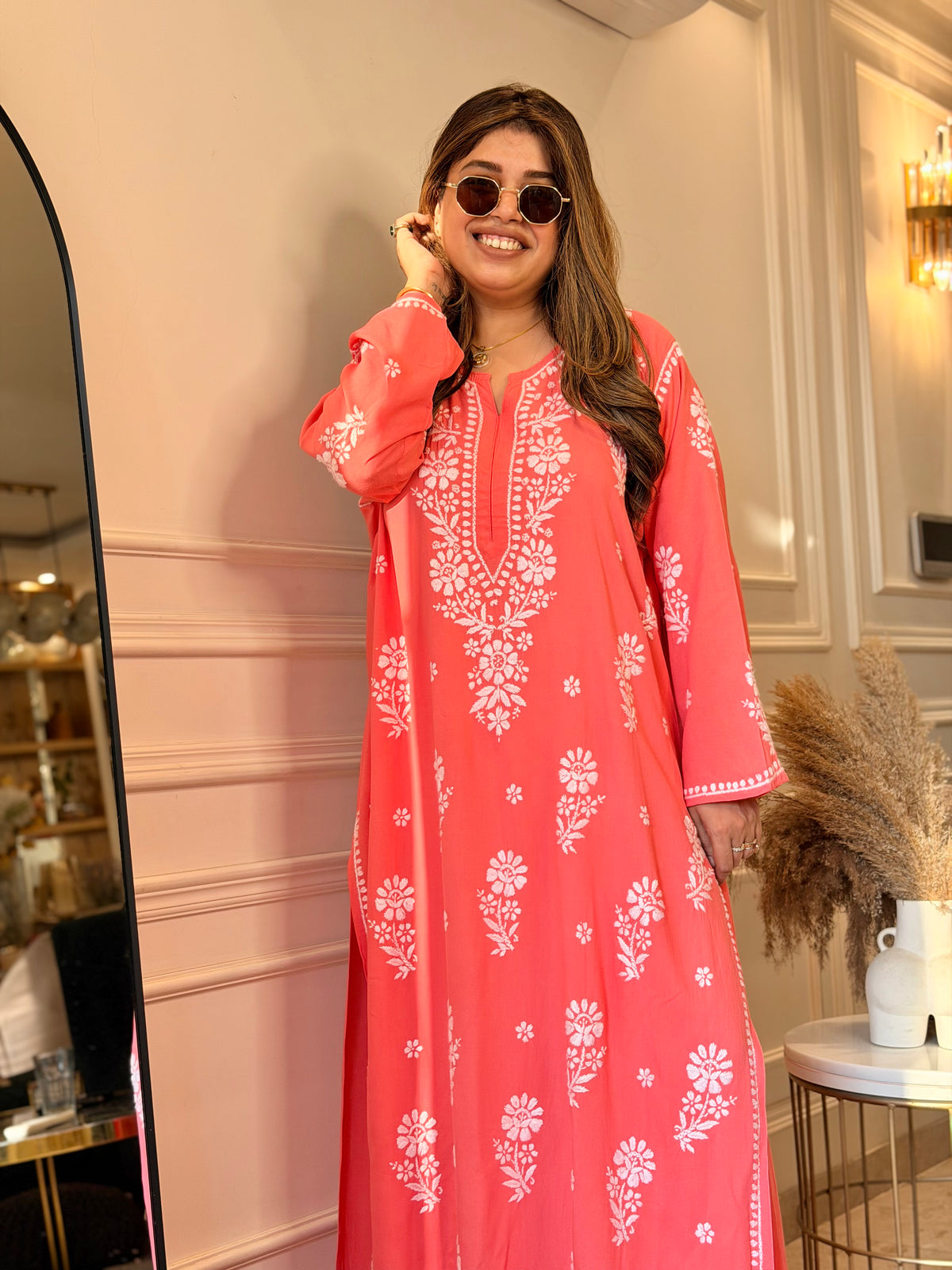 Hand Embroidered 3D Chikankari Kurta set | Premium Modal | Pastel Orange