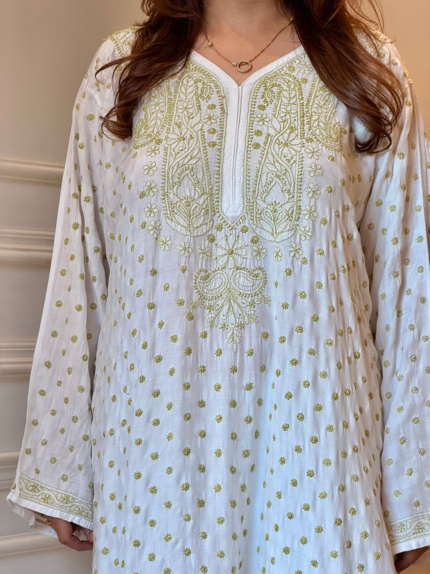 Hand Embroidered Chikankari Kurta  | Mul Chanderi | white with Olive Green| Plus Size