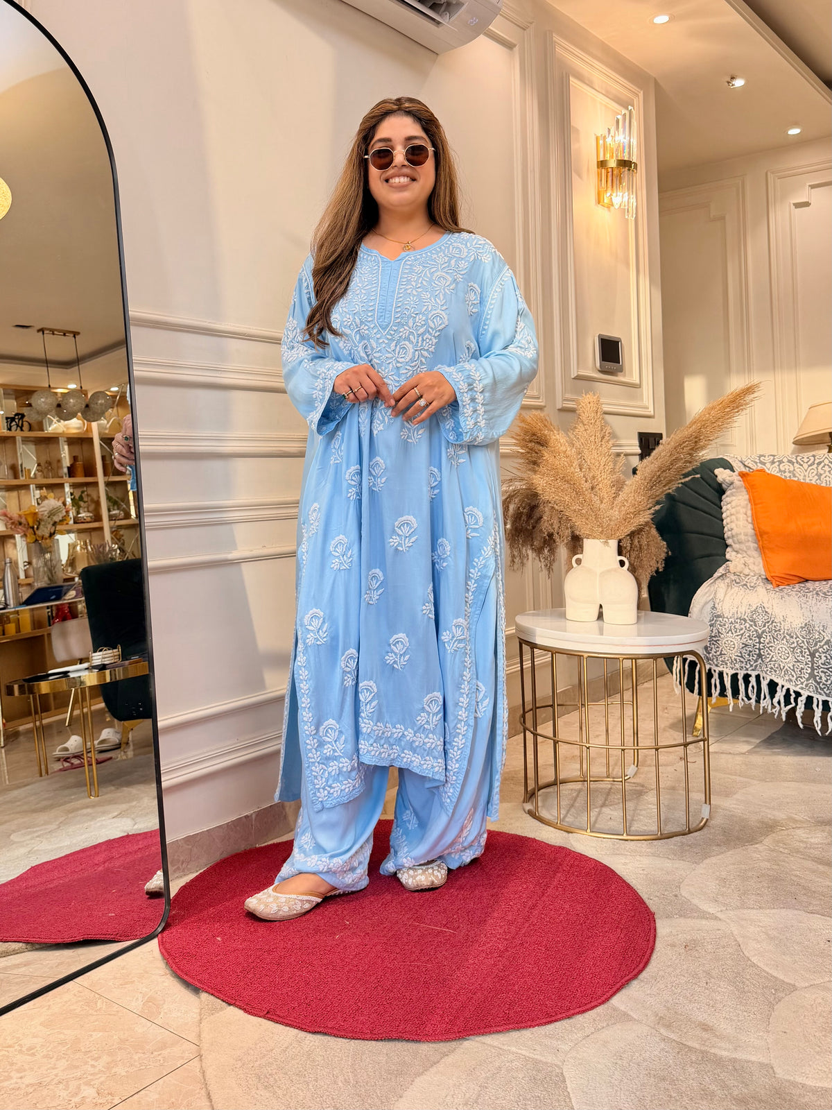 3D Hand Embroidered Chikankari Kurta set | Premium Modal Satin | Powder Blue
