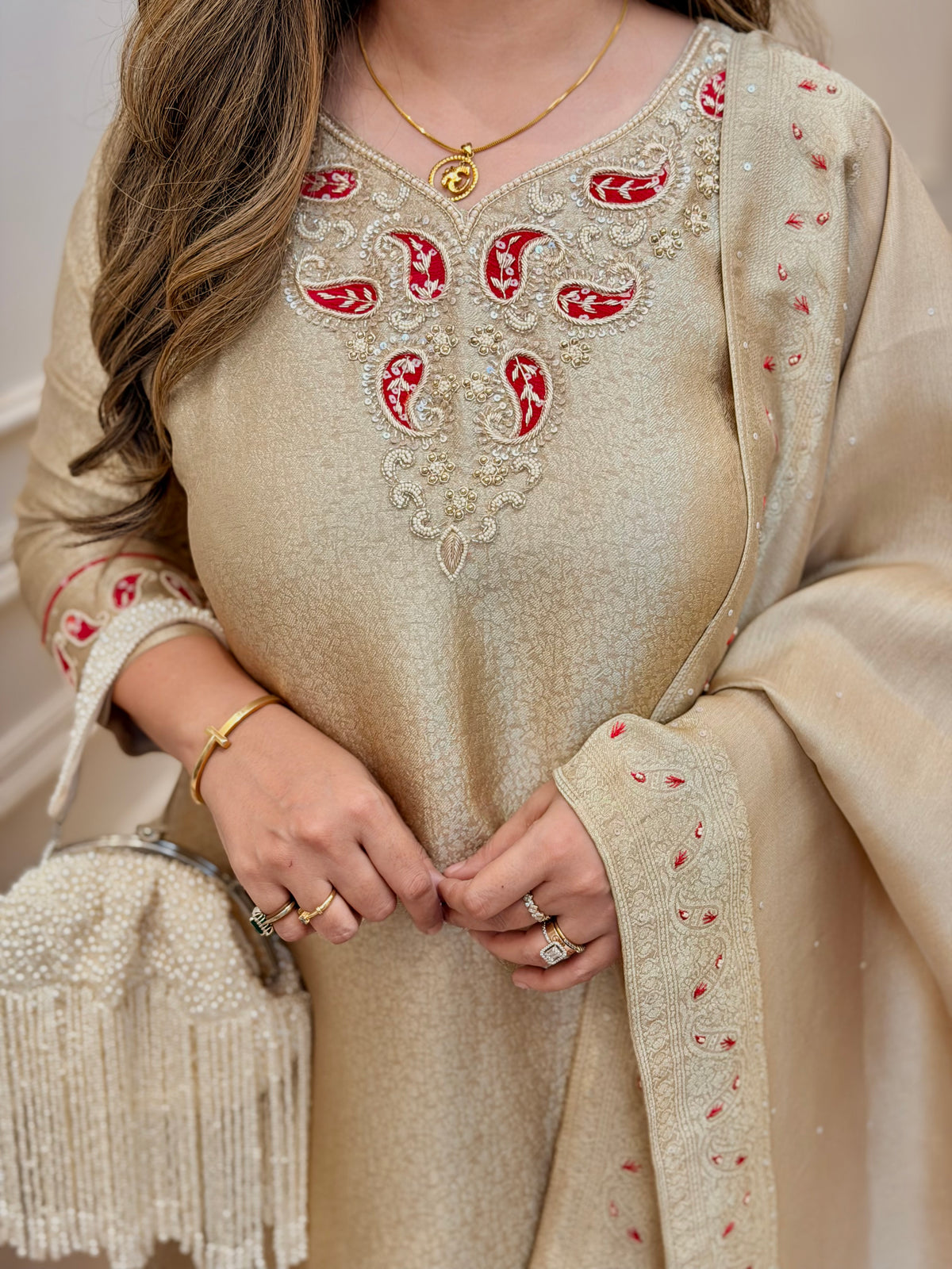 Exclusive Gold Beige Brocade Jacquard 3Piece A line kurta set