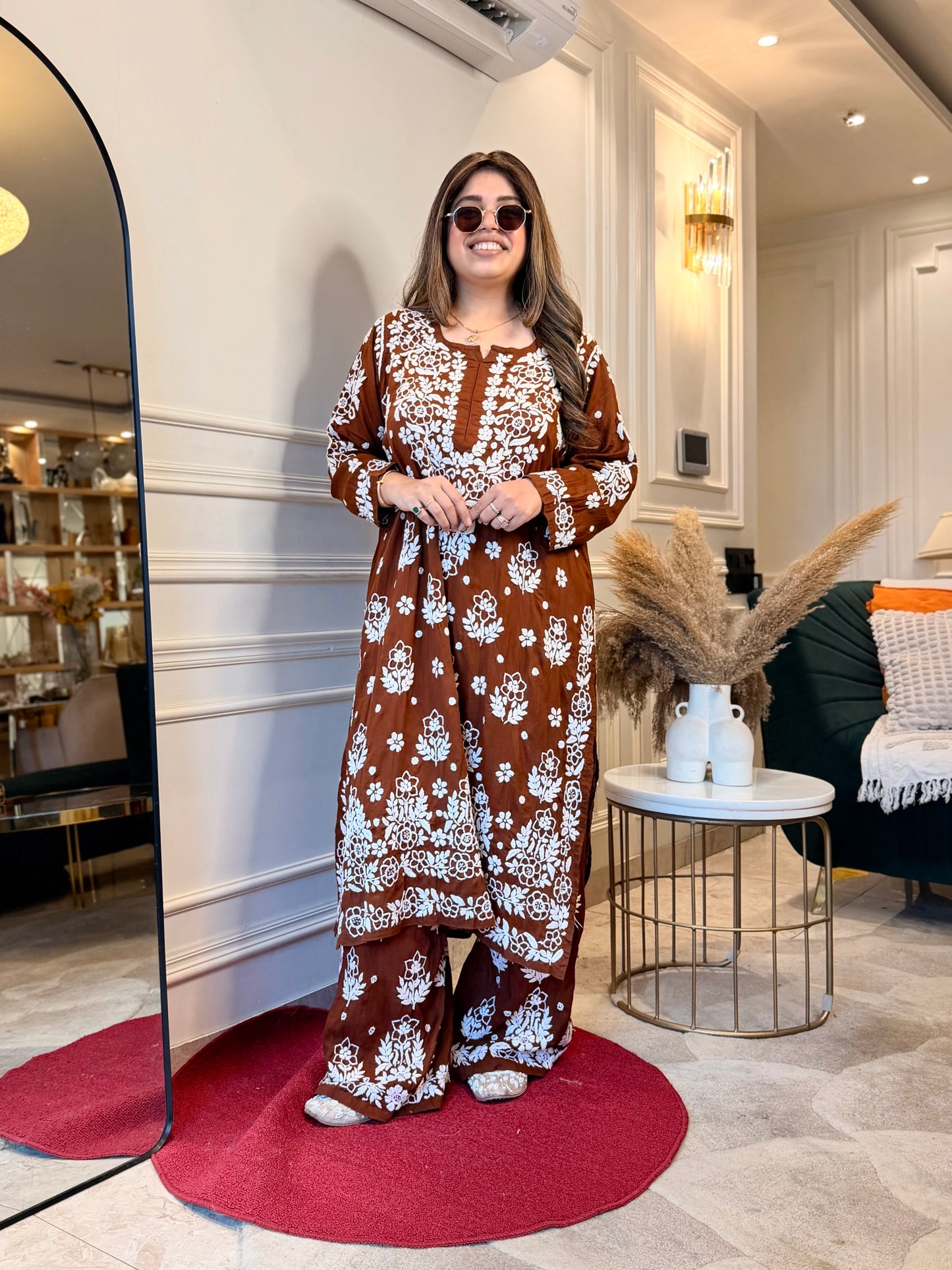 Hand embroidered 3D Chikankari Kurta set | Premium Modal| Brown