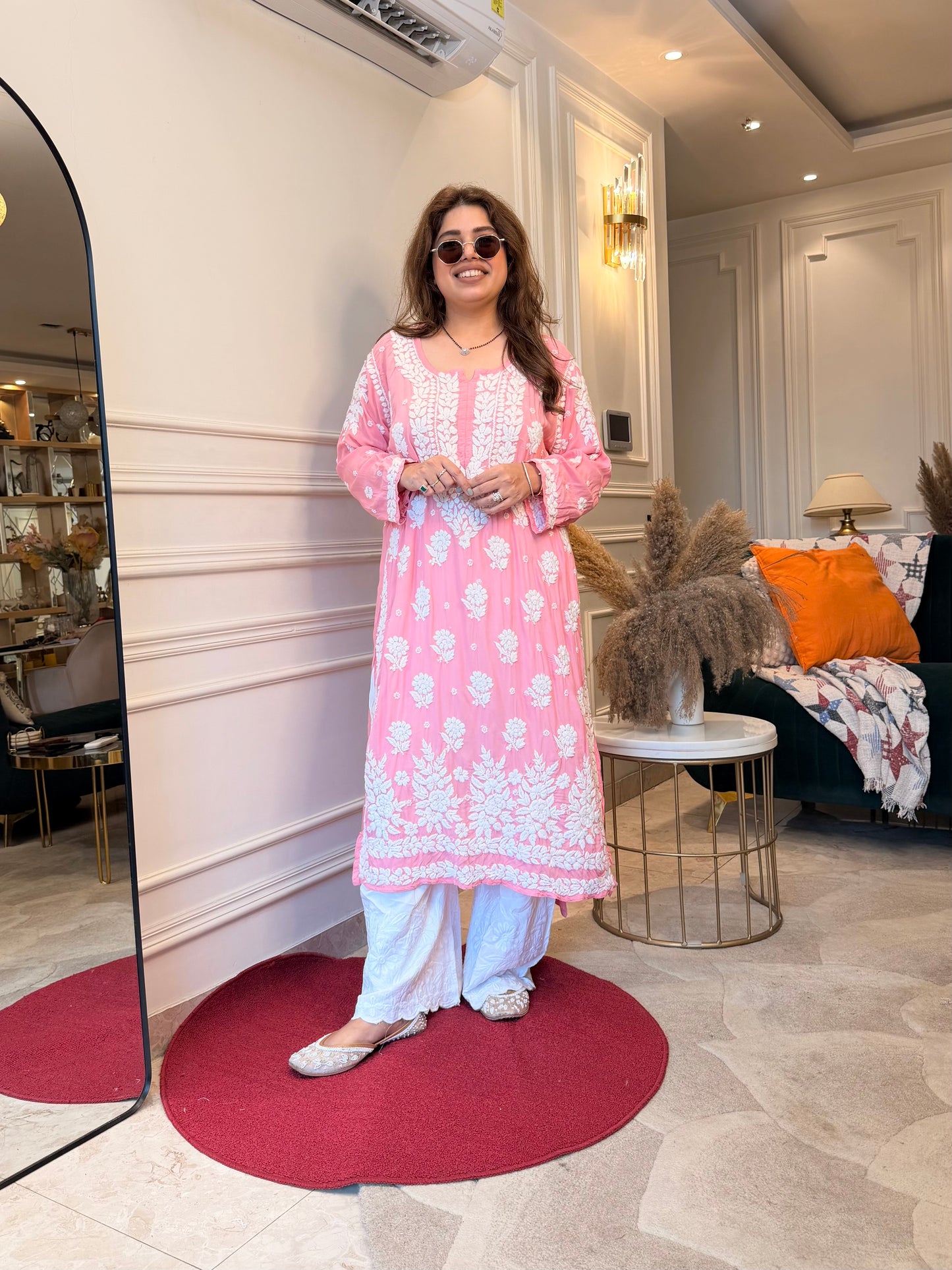 Hand Embroidered 3DChikankari Kurta set | Premium Modal  | Candy Pink