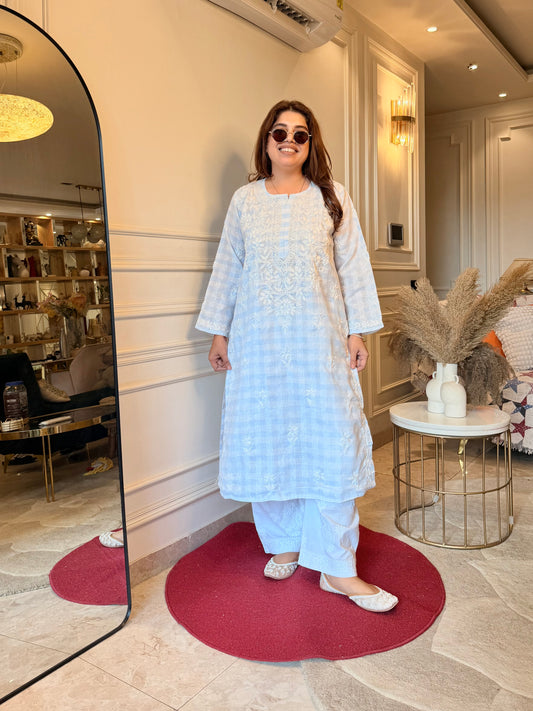 Hand Embroidered Chikankari Kurta Set - Kota Doriya Fabric | Powder Blue
