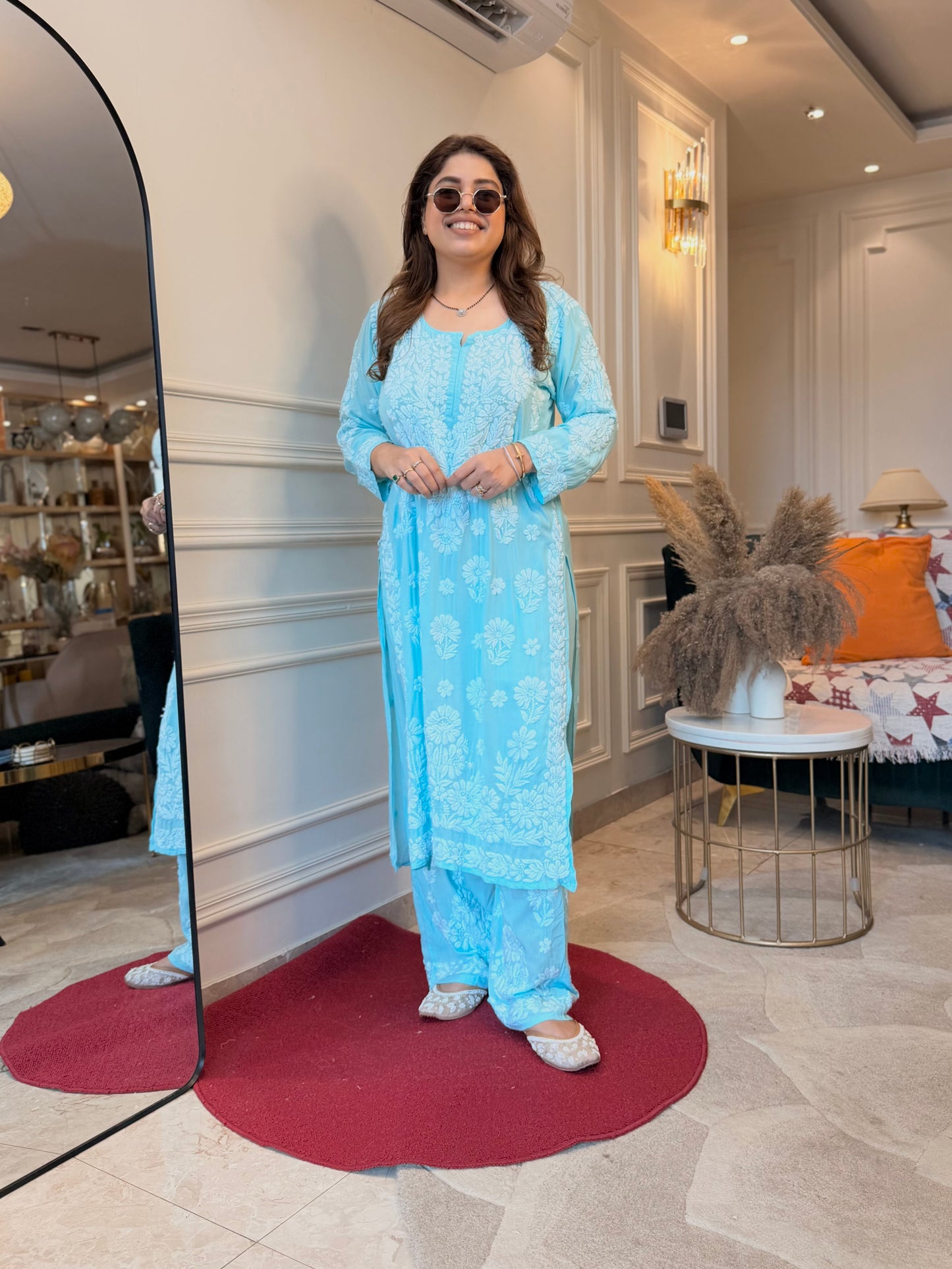 Hand Embroidered Chikankari Kurta set | Modal | light Blue