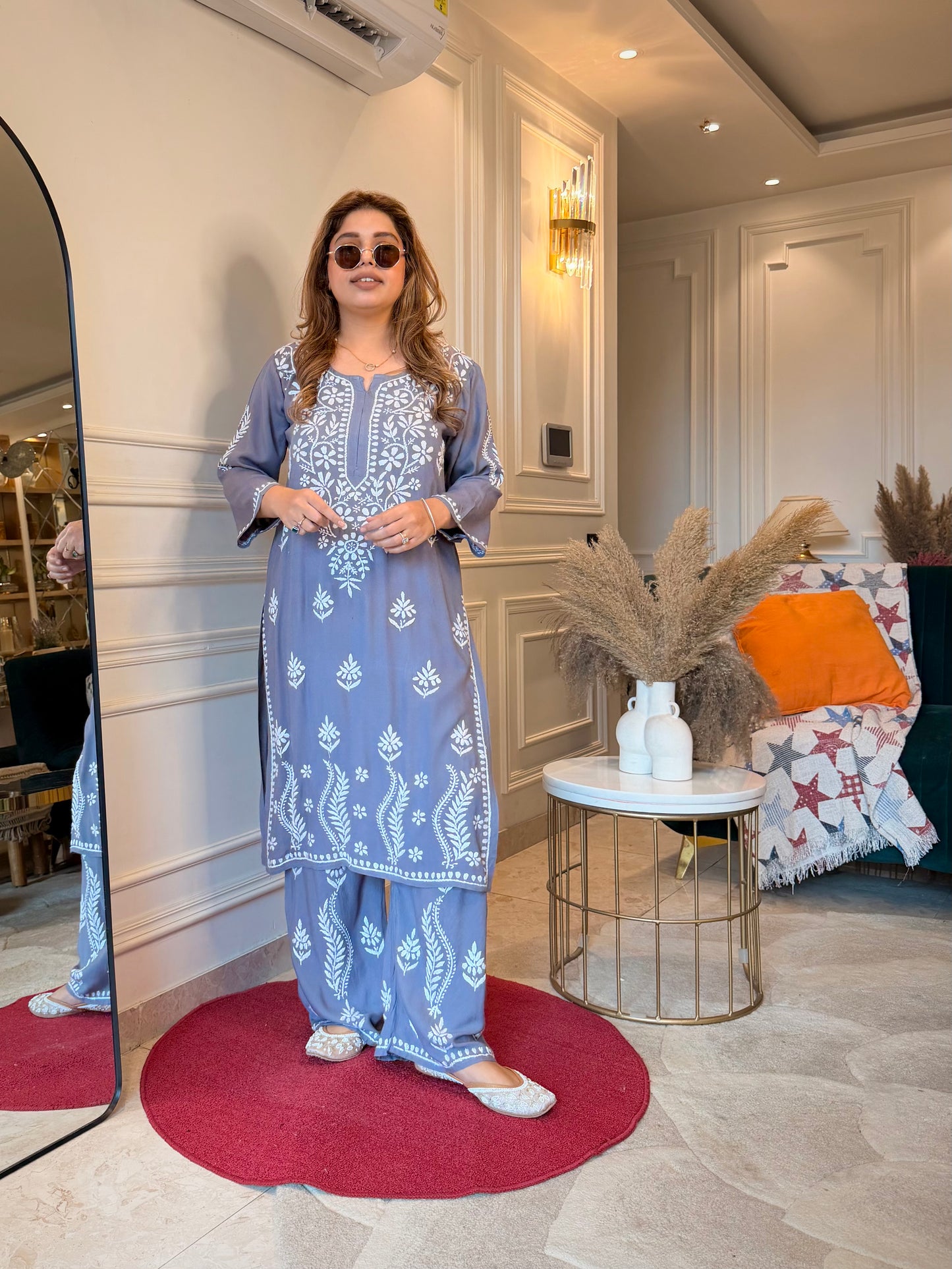 Hand Embroidered Chikankari Kurta set | Modal cotton | Slate Grey