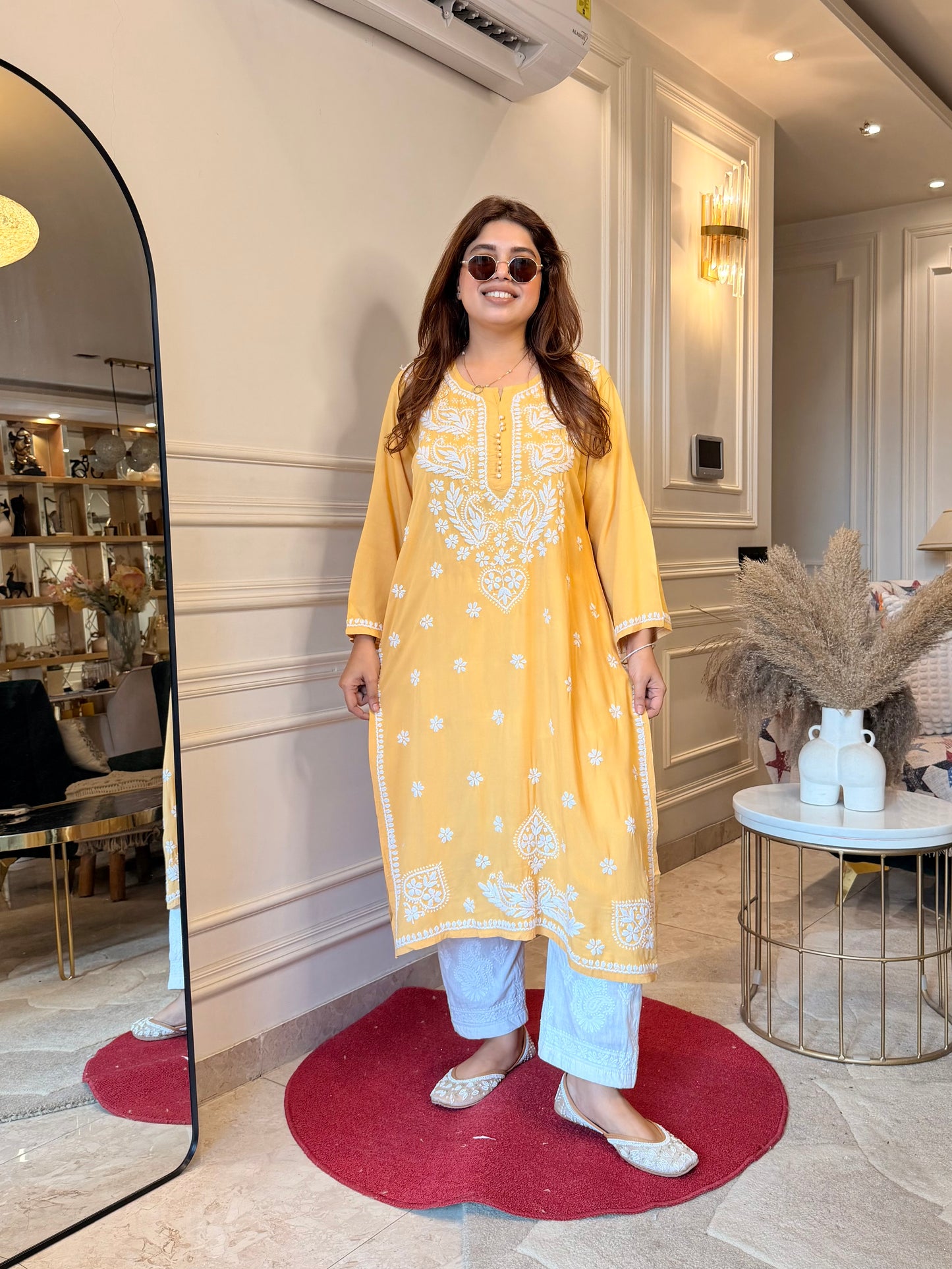 Hand Embroidered Chikankari Kurta | Modal |  Mustard