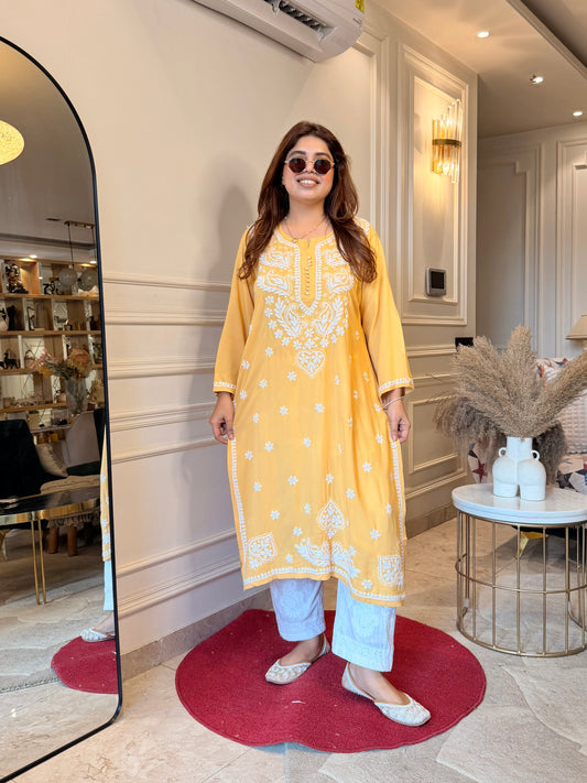 Hand Embroidered Chikankari Kurta | Modal |  Mustard