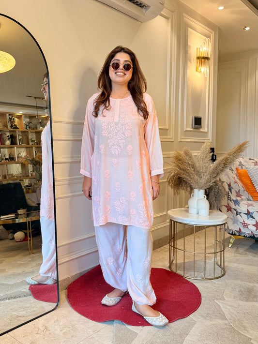 Hand Embroidered Chikankari Cordset | Muslin | Pink