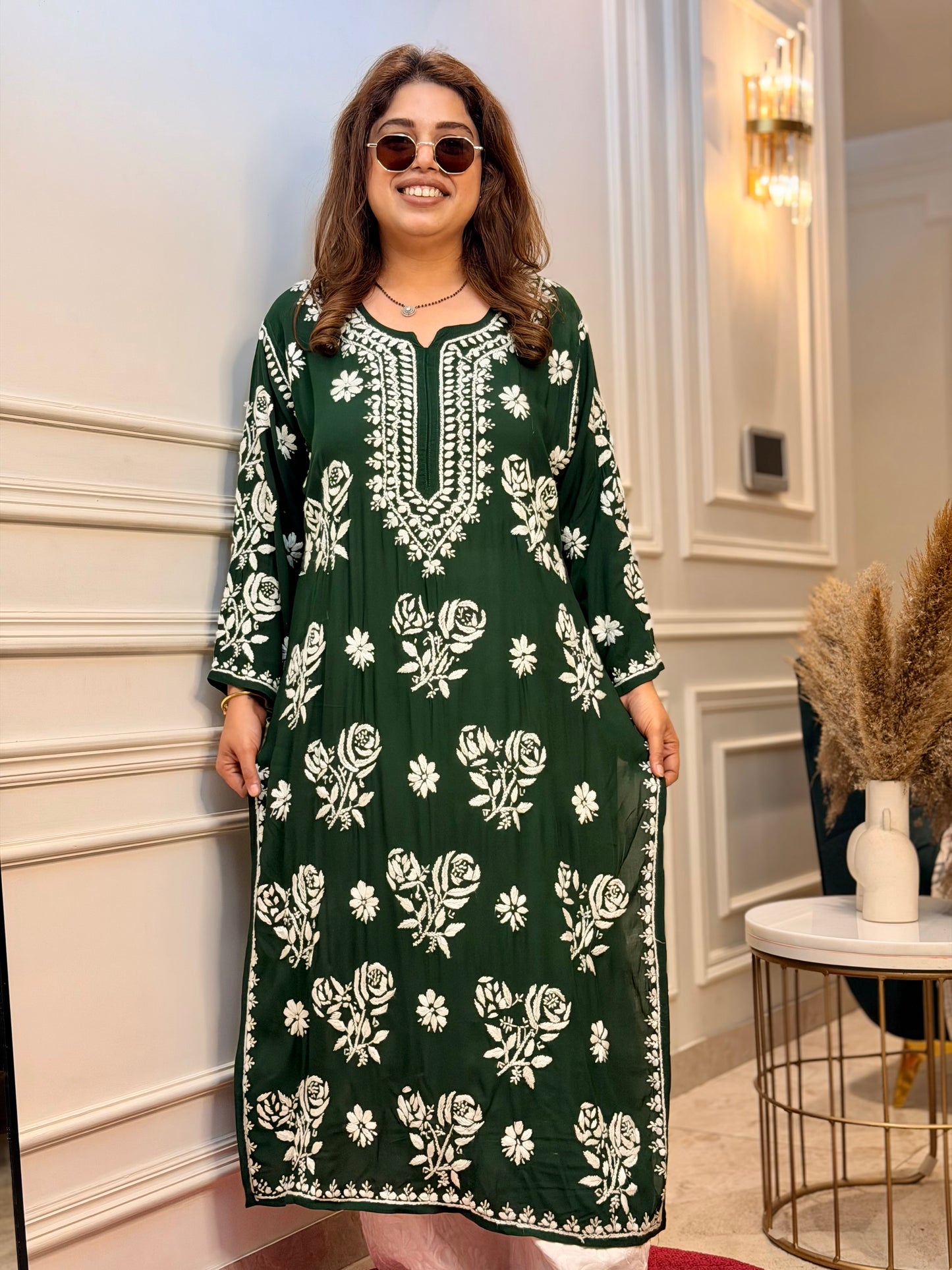 Hand Embroidered 3D Chikankari Kurta | Premium Modal | Emerald