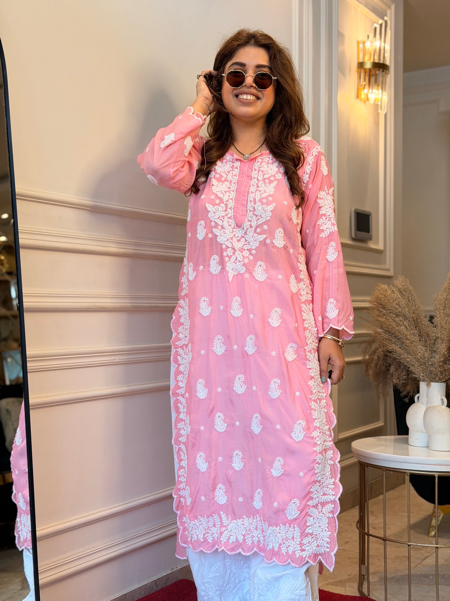 Hand embroidered 6D Chikankari Kurta | Mul Chanderi | Pink