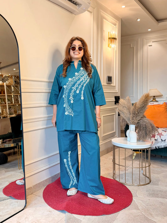Premium Plus size Cordset with Embroidery |Teal Blue