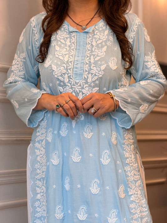 Hand embroidered 6D Chikankari Kurta | Mul Chanderi | Powder Blue