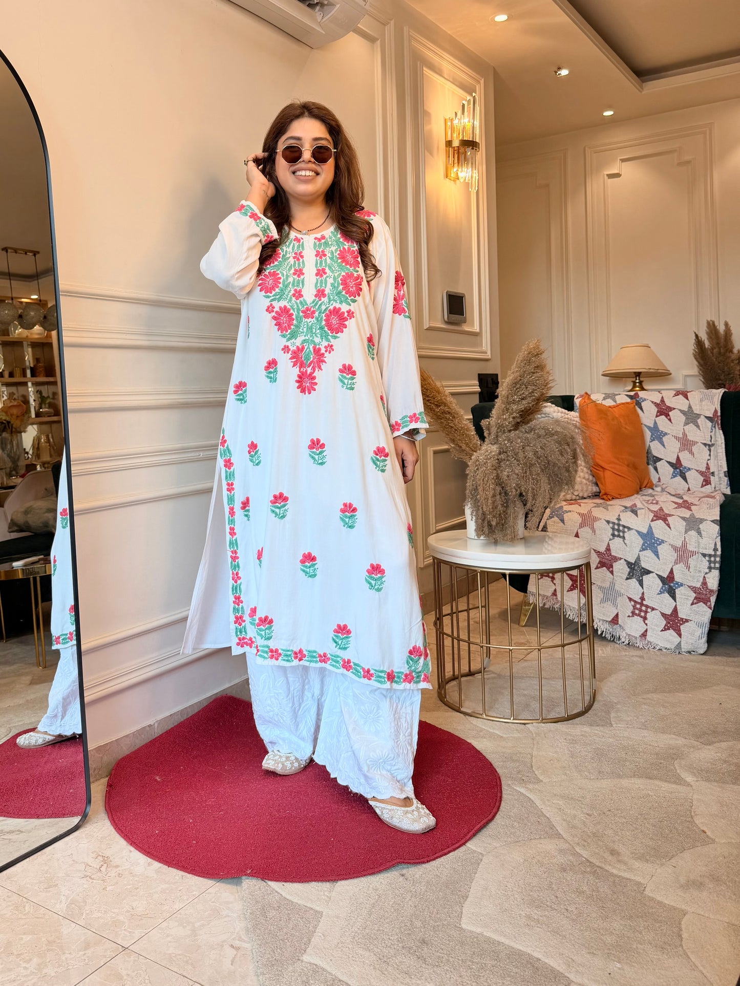 Hand embroidered Chikankari Kurta | Premium Cotton | White with Pink & Green