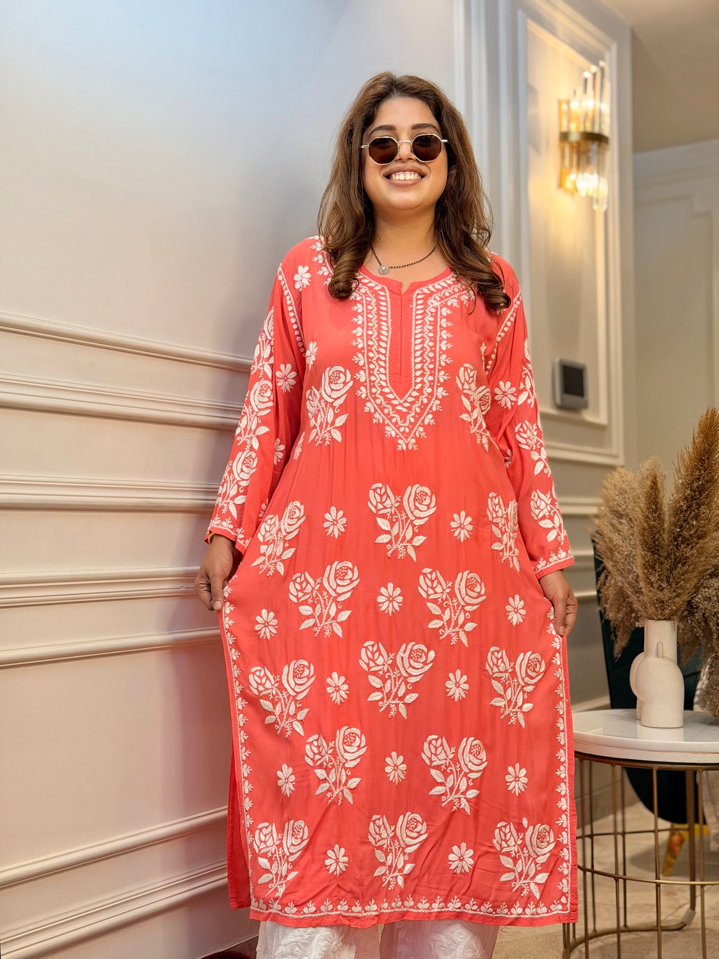 Hand Embroidered 3D Chikankari Kurta | Premium Modal | Orange