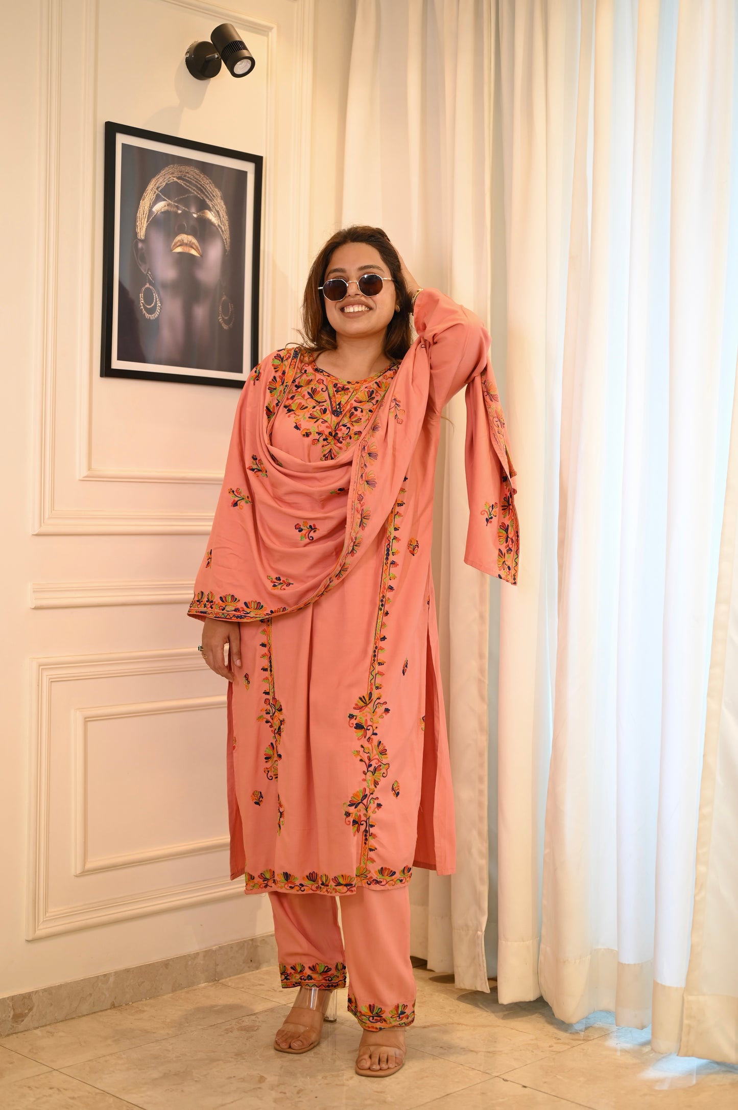 Peach Pink Cotton Embroidered Kurta Set with Dupatta