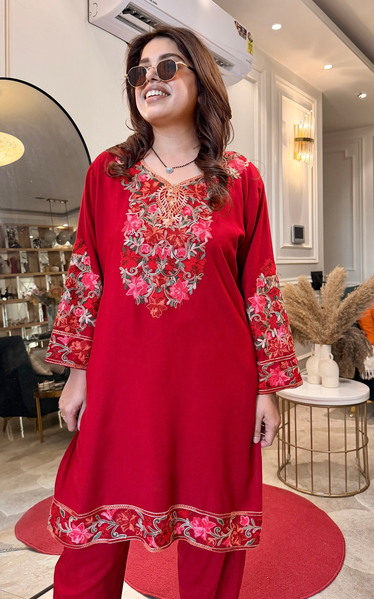 Cotton Kashmiri Emberoried Cordset- Red colour