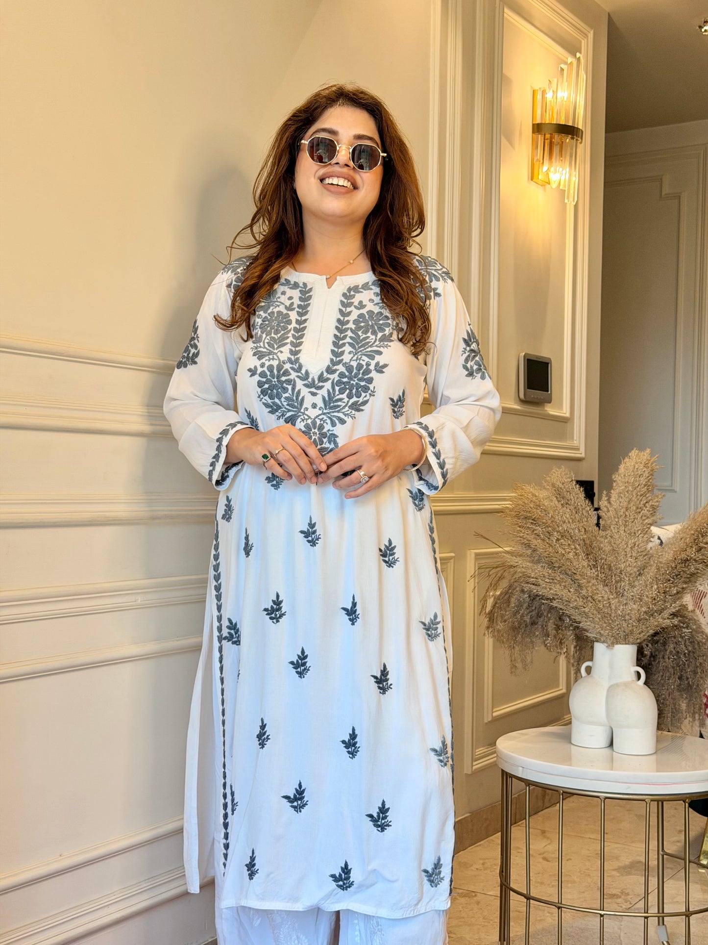 Chikankari Kurta Set | Mul Cotton | white with Grey Thread Embroidery