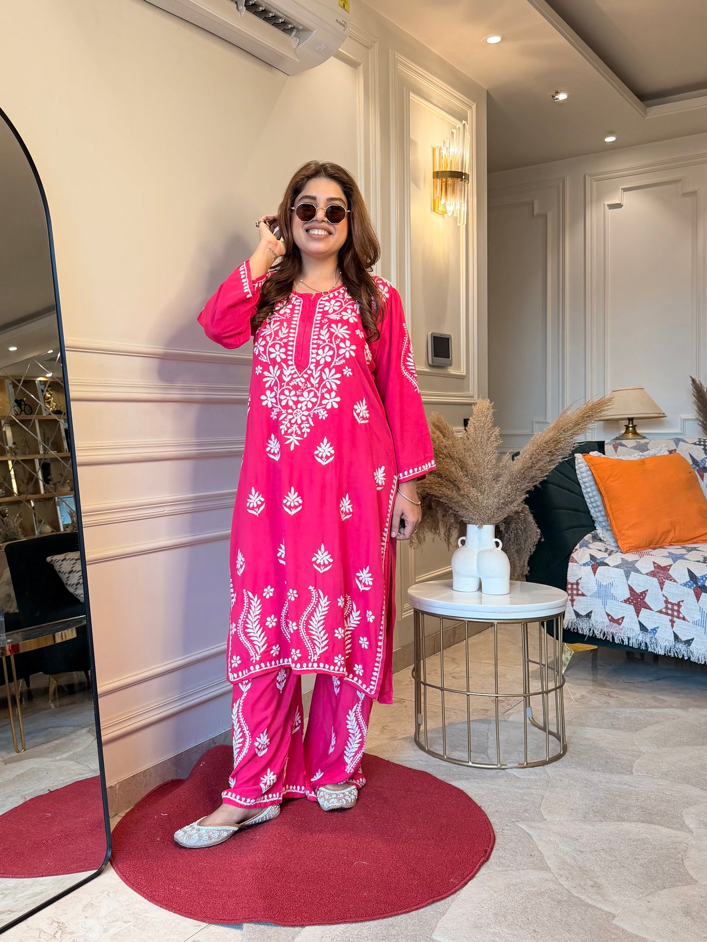 Hand Embroidered Chikankari Kurta set | Modal | Hot Pink