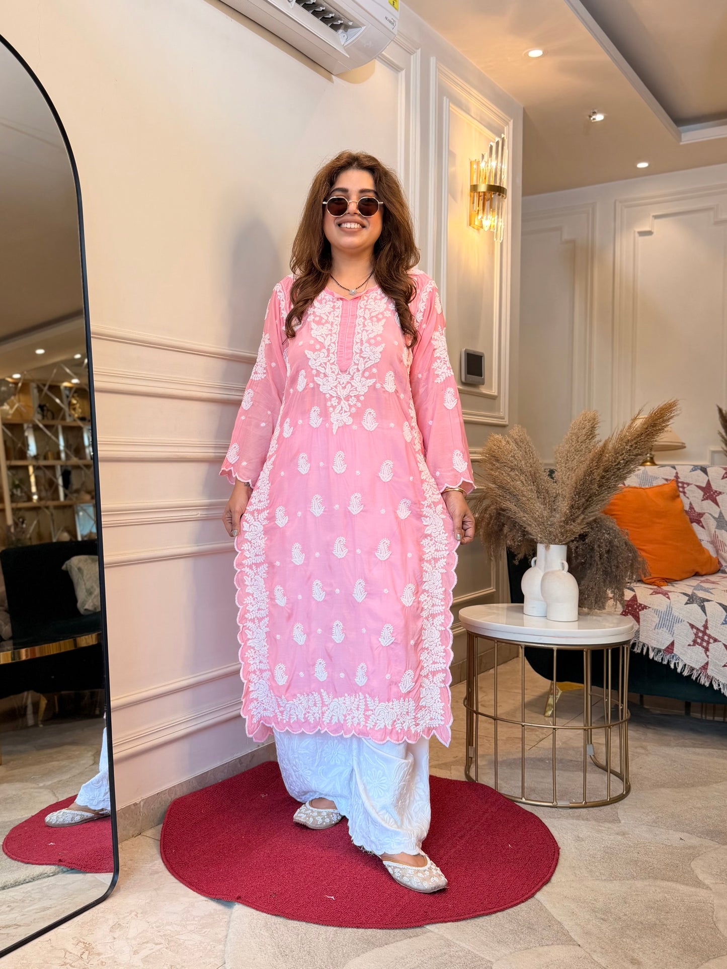 Hand embroidered 6D Chikankari Kurta | Mul Chanderi | Pink