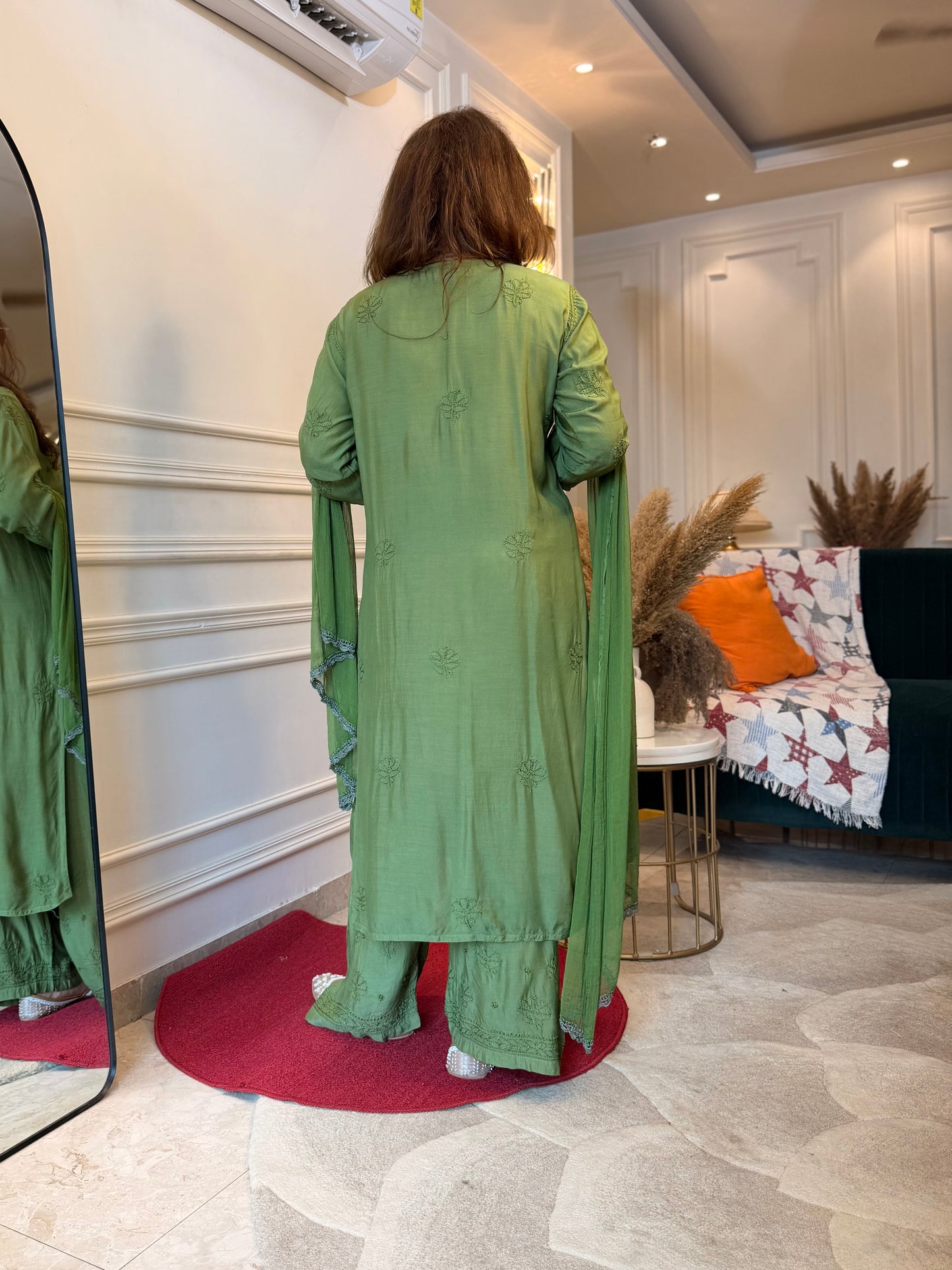 Hand Embroidered Chikankari 3 piece Kurta set | Mul Chanderi | Green