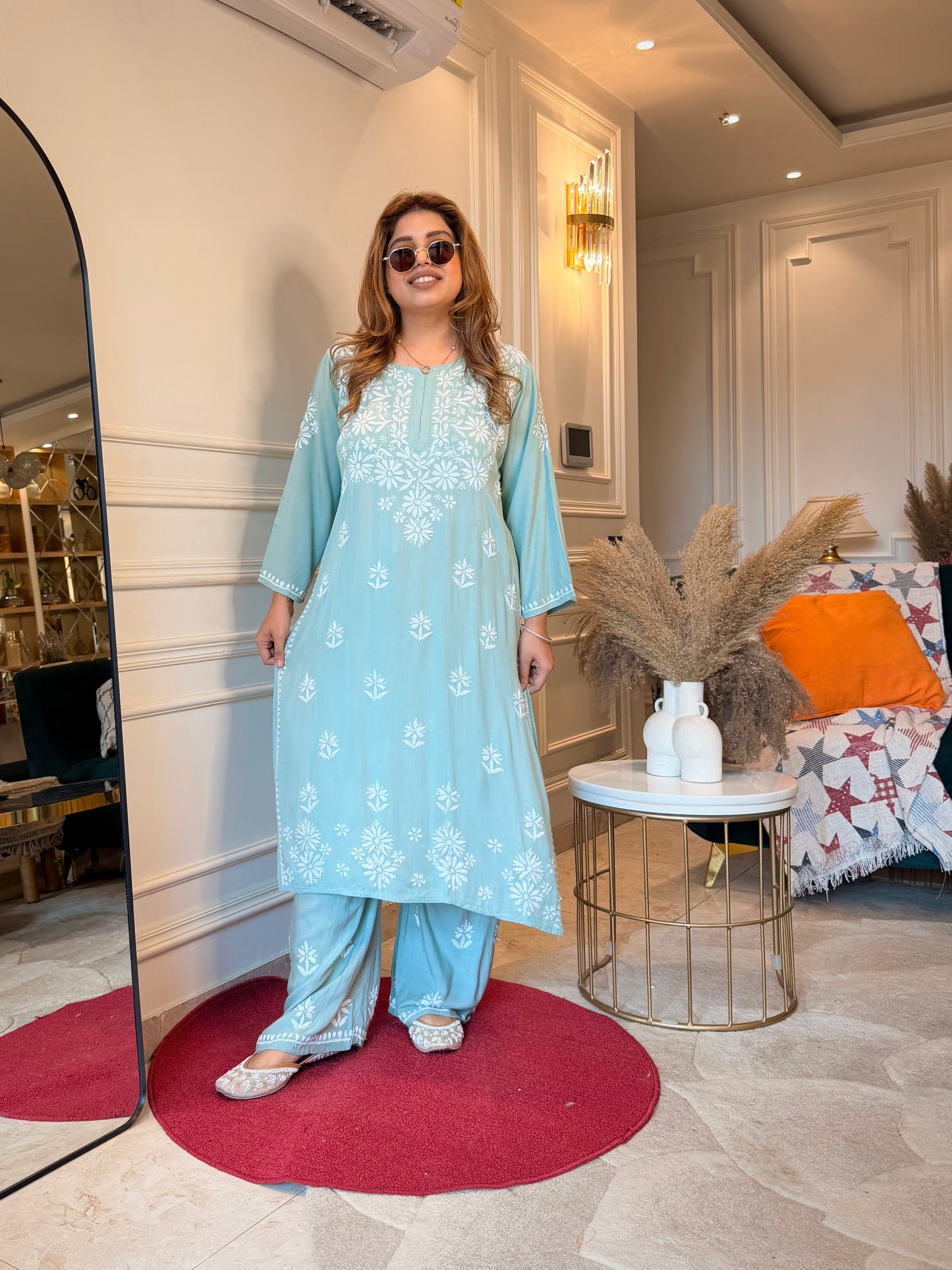 Hand Embroidered Chikankari Kurta set | Modal cotton | Mint sage