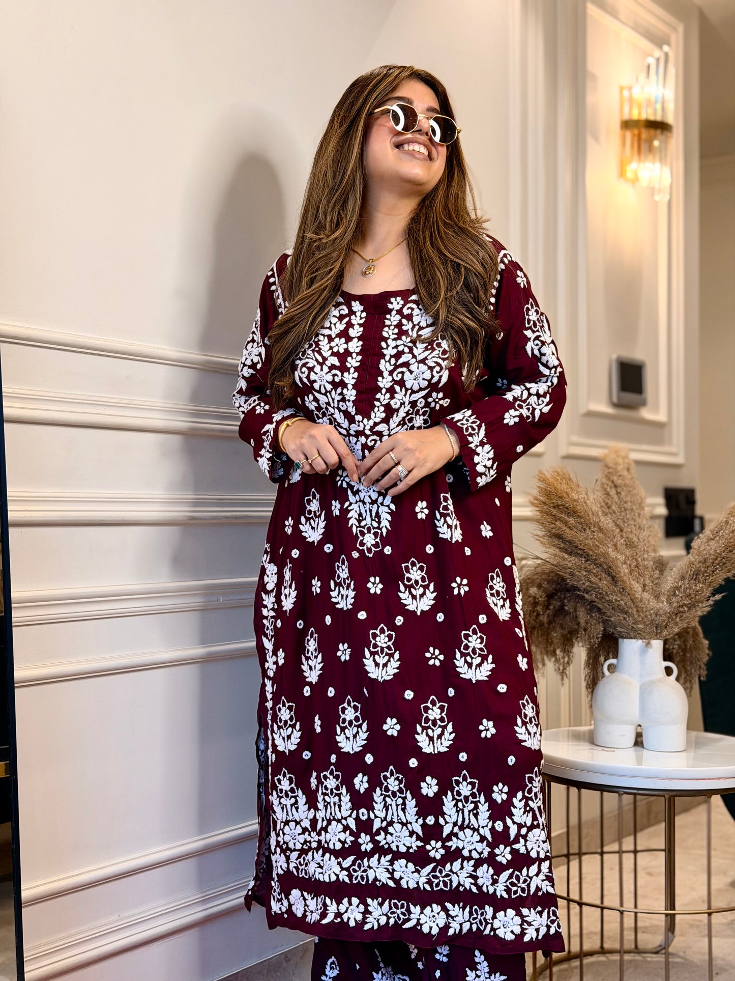 Hand embroidered 3D Chikankari Kurta set | Premium Modal| Mahroon