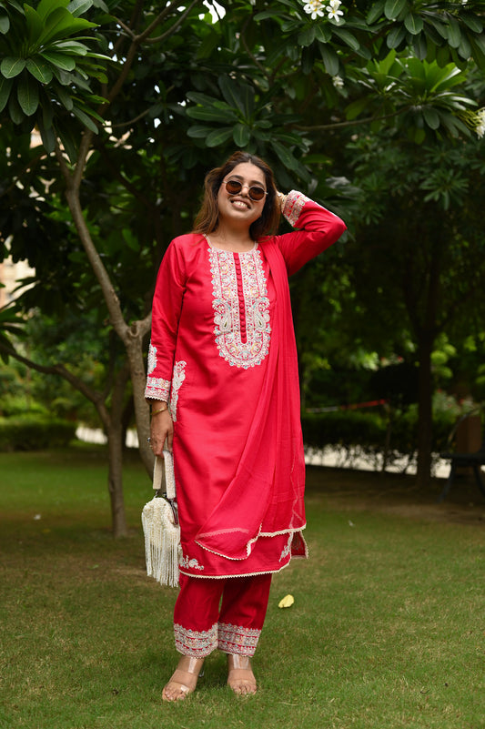 Elegant Ruby Red Embroidered Kurta Set