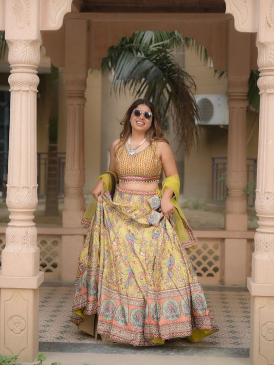 Royal Mustard Peacock Print Lehenga Set