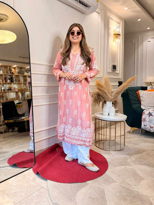 Hand Embroidered 3D Chikankari Kurta | Mul Chanderi | Dusty Pink