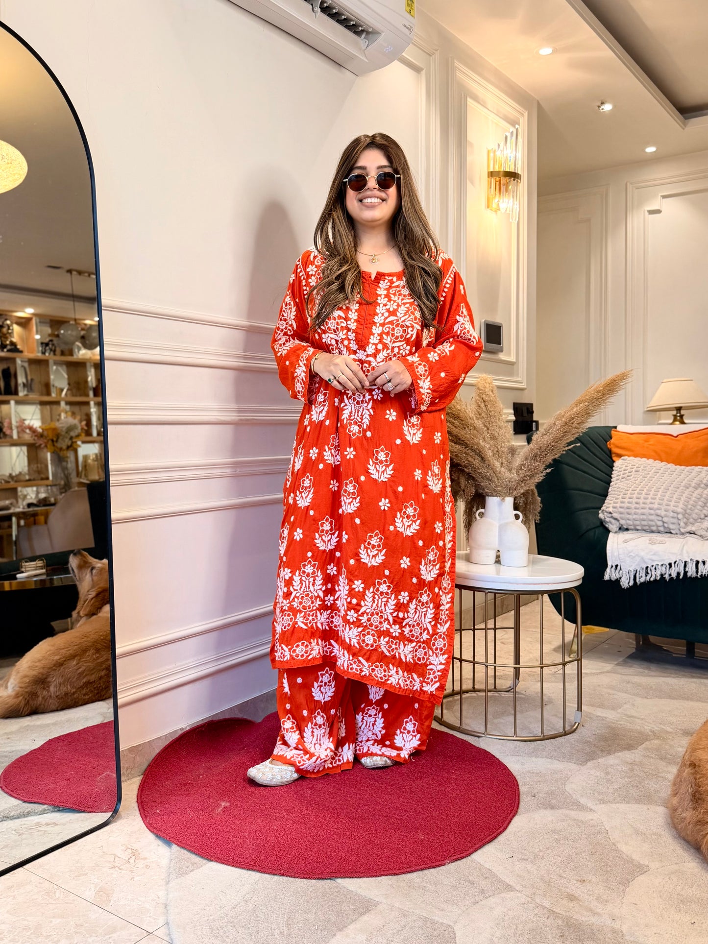 Hand embroidered 3D Chikankari Kurta set | Premium Modal| Orange
