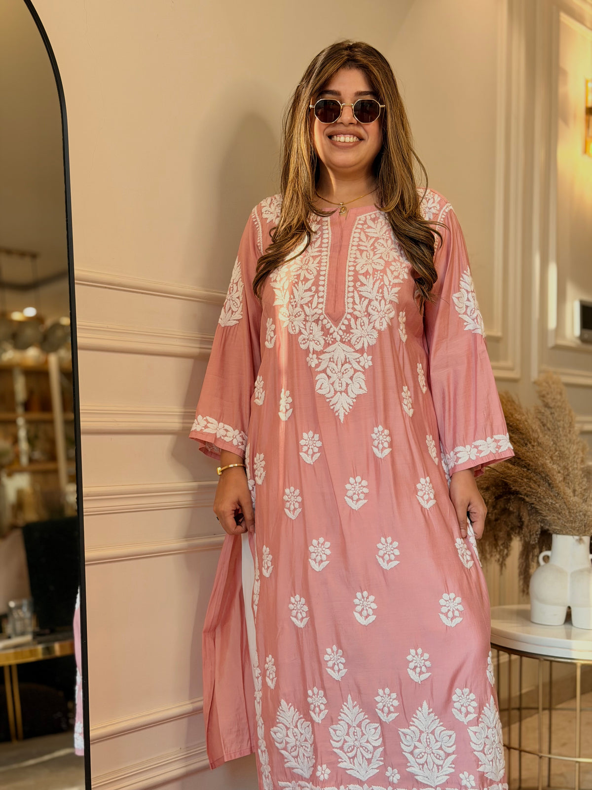 Hand Embroidered 3D Chikankari Kurta | Mul Chanderi | Pastel Rose