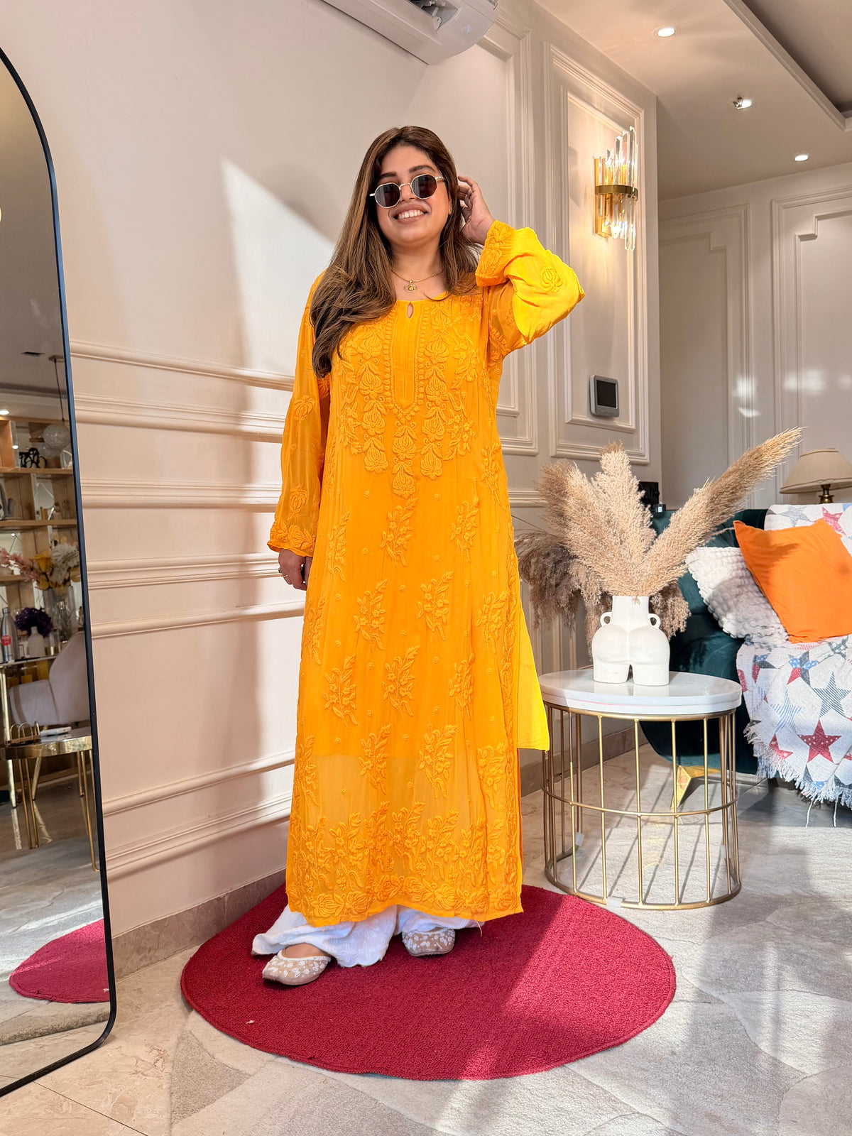 Hand Embroidered 3DChikankari Kurta  | Viscose | Mustard