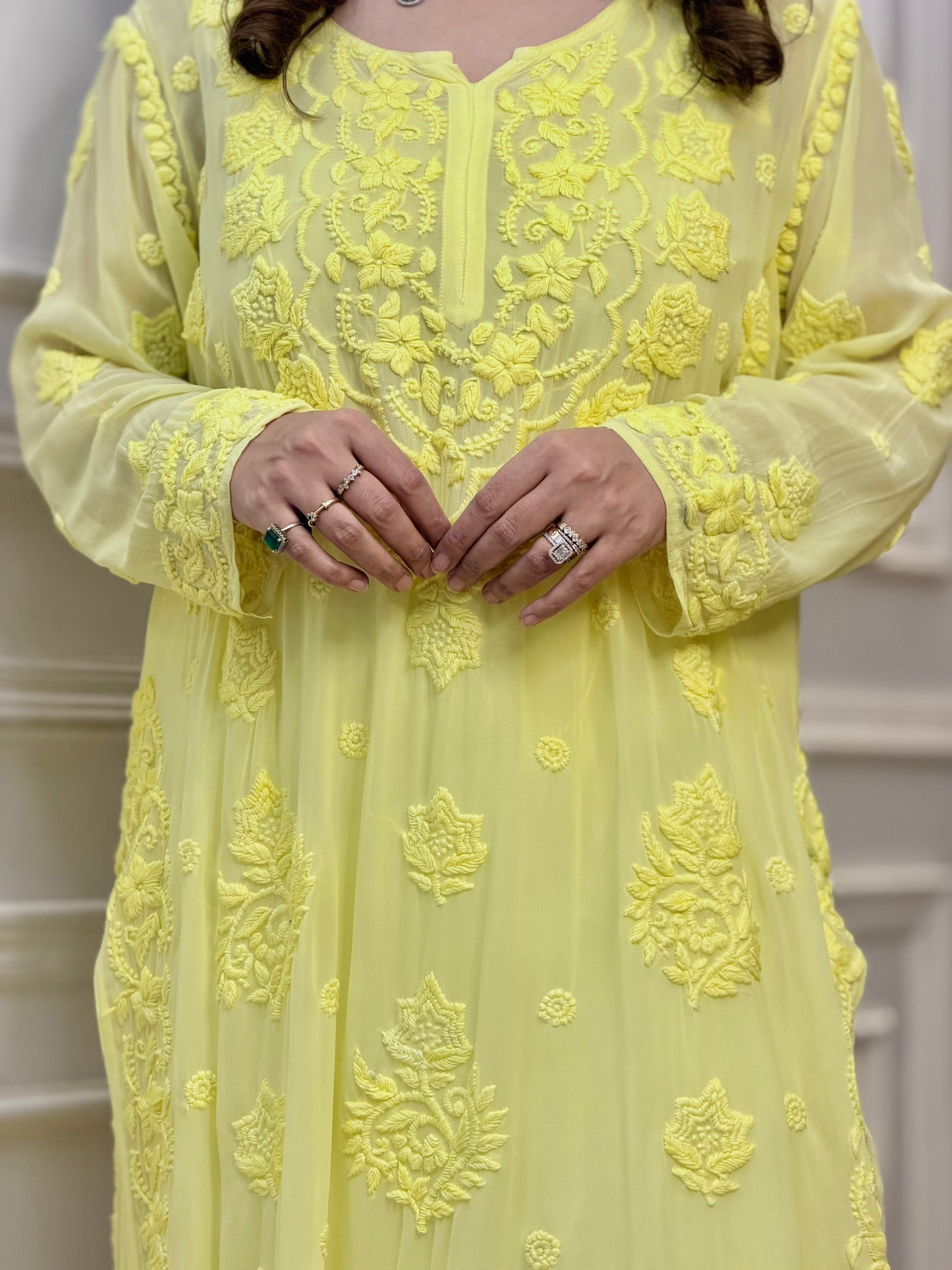 Hand Embroidered 6D Chikankari Kurta  | Premium Viscose | Neon yellow