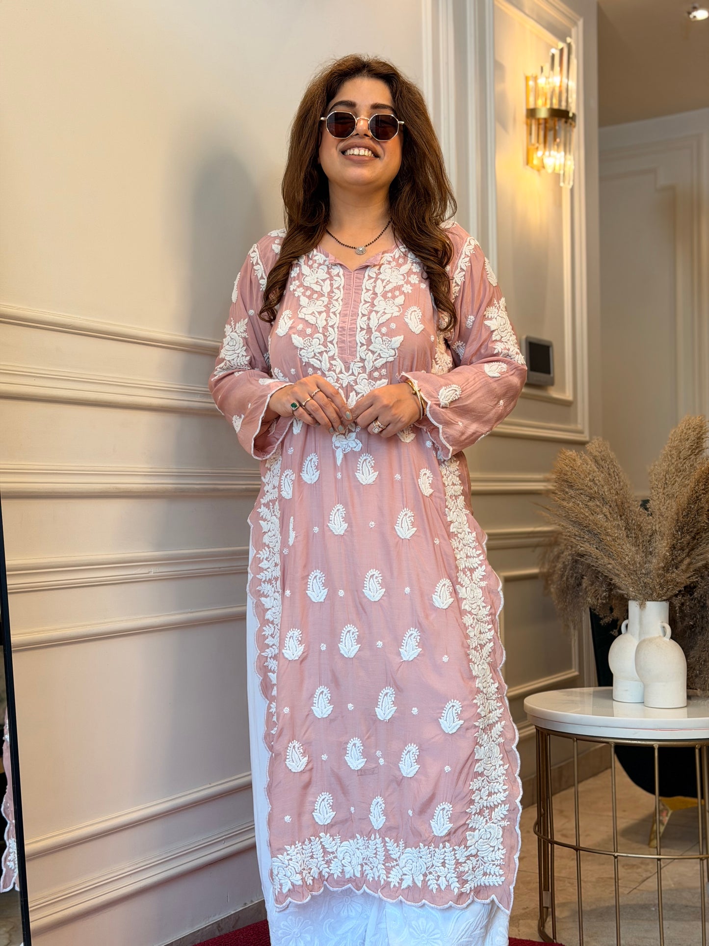 Hand embroidered 6D Chikankari Kurta | Mul Chanderi | Nude