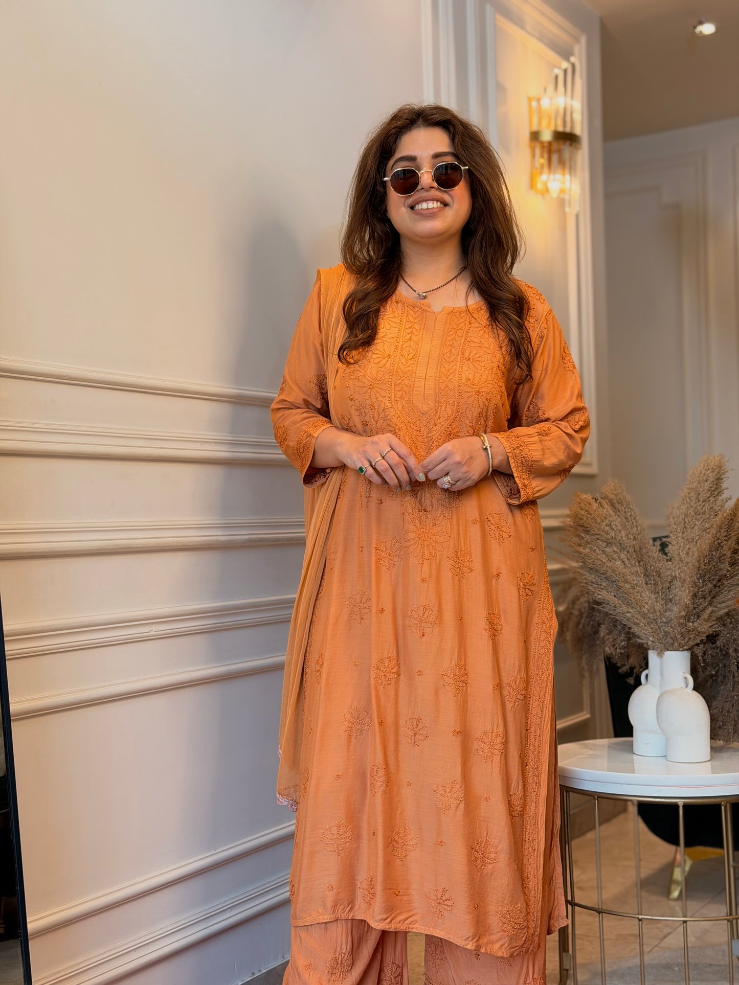 Hand Embroidered Chikankari 3 piece Kurta set | Mul Chanderi | Golden Mustard