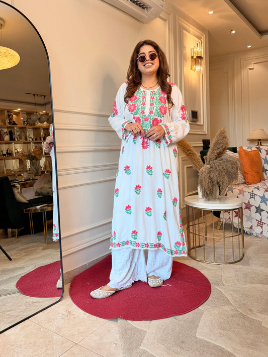 Hand embroidered Chikankari Kurta | Premium Cotton | White with Pink & Green