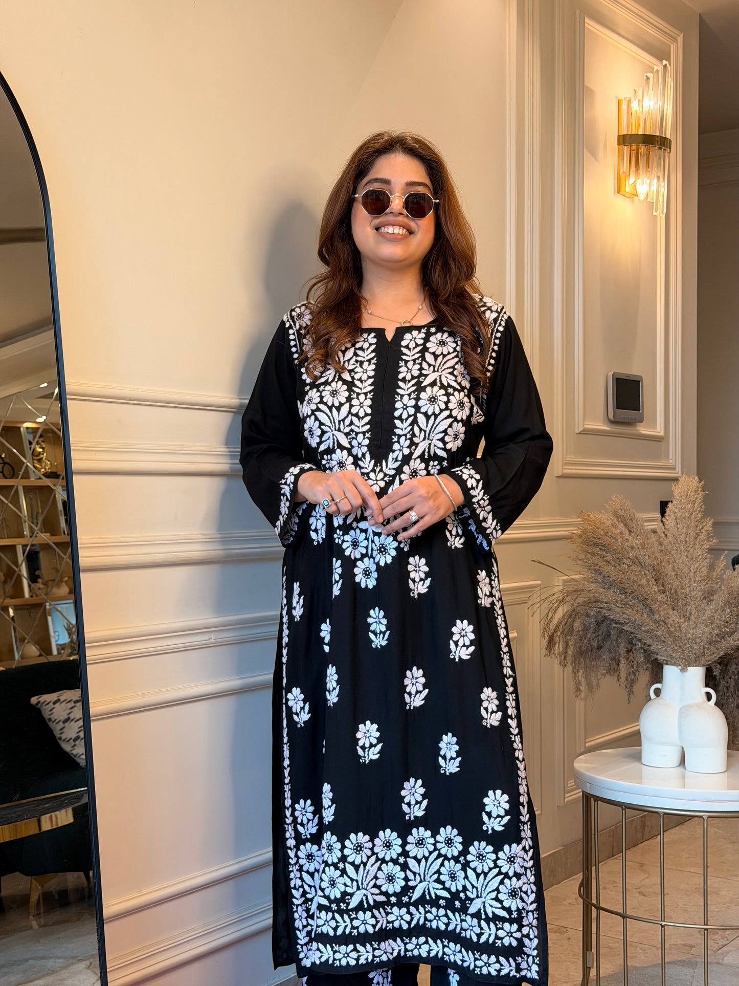 Hand Embroidered Chikankari Kurta set | Modal | Black with with embroidery