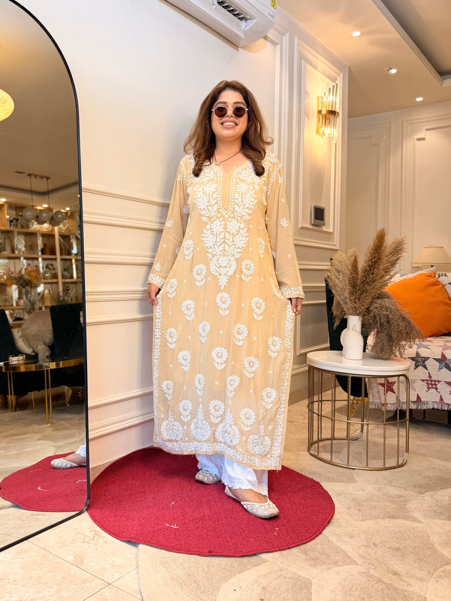 Hand Embroidered 6D Chikankari Kurta  | Premium Viscose | Ivory