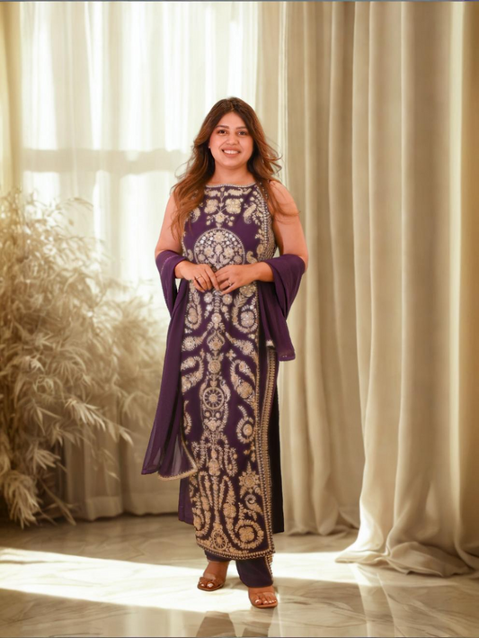 Royal Purple Hand-Embroidered Straight Co Ord Set– Festive & Wedding