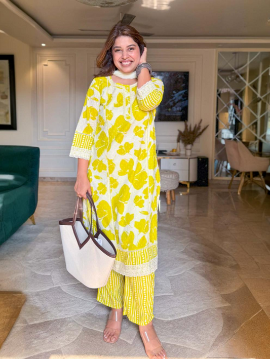 Lemon and White 3 Piece cotton suit