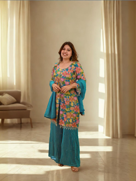 Teal Floral Embroidered Kurta Sharara Set with Dupatta