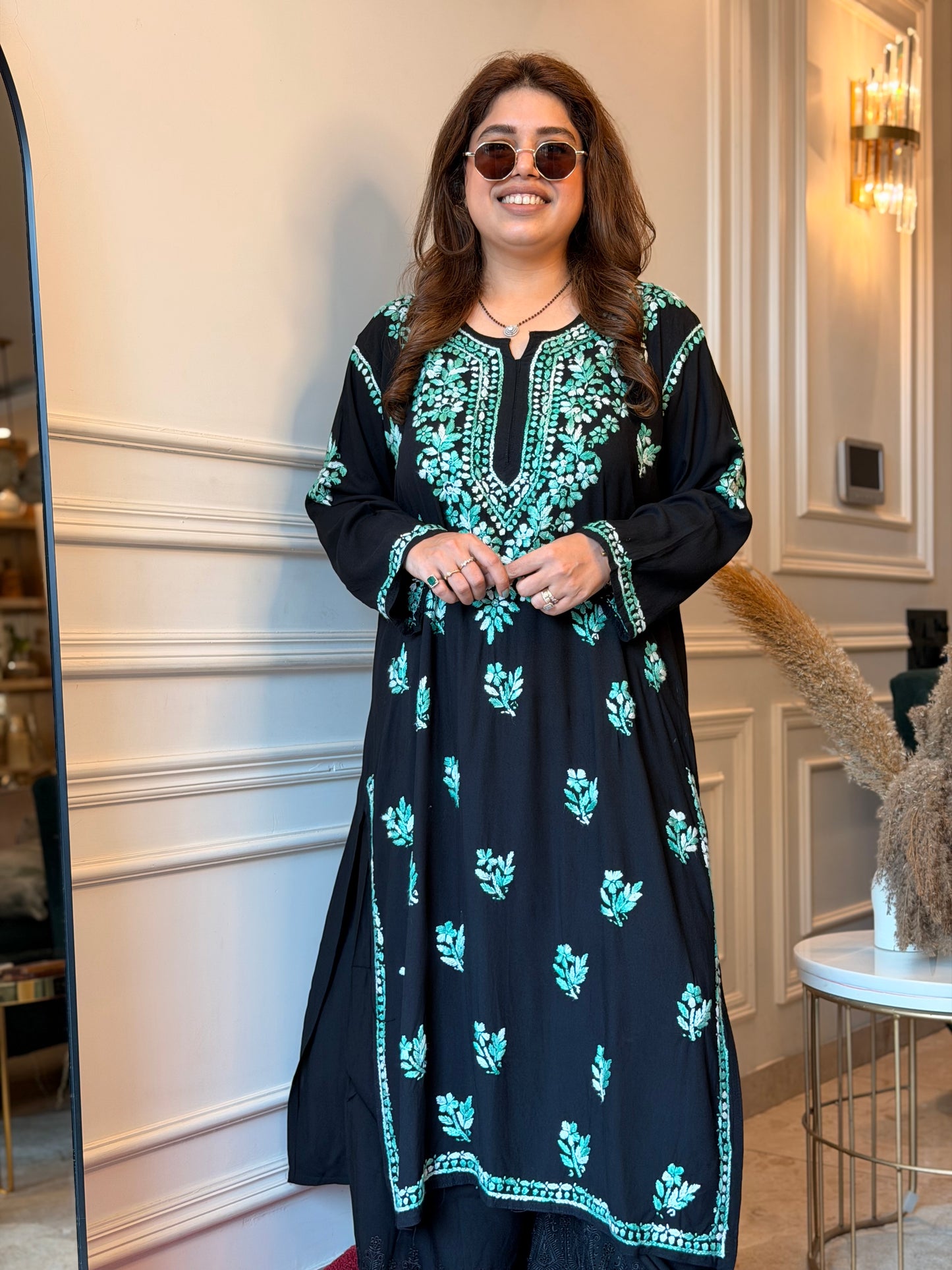 Hand Embroidered Chikankari Kurta  | Premium Cotton | Black with Teal Green
