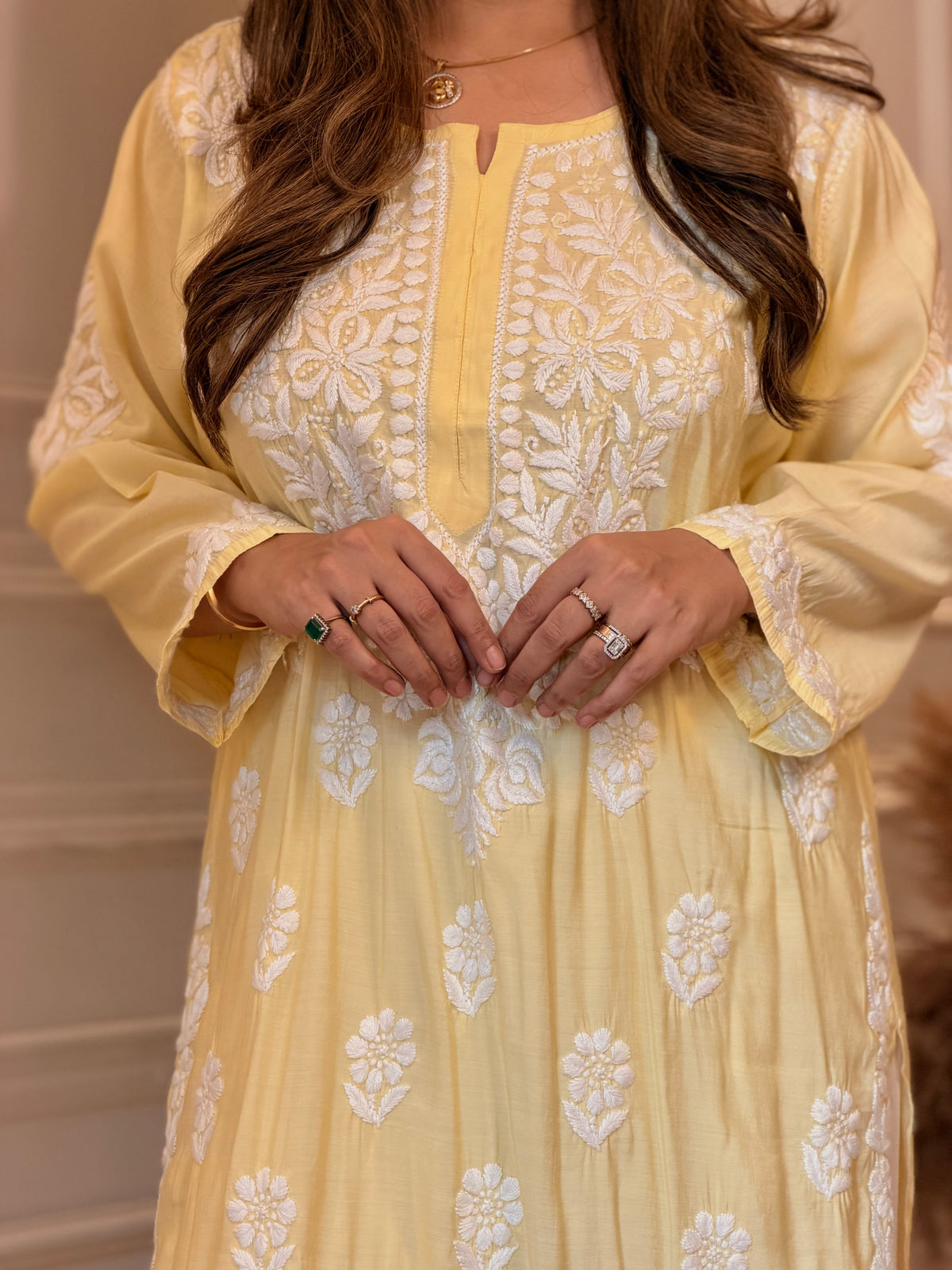 Hand Embroidered 3D Chikankari Kurta | Mul Chanderi | Butter Yellow
