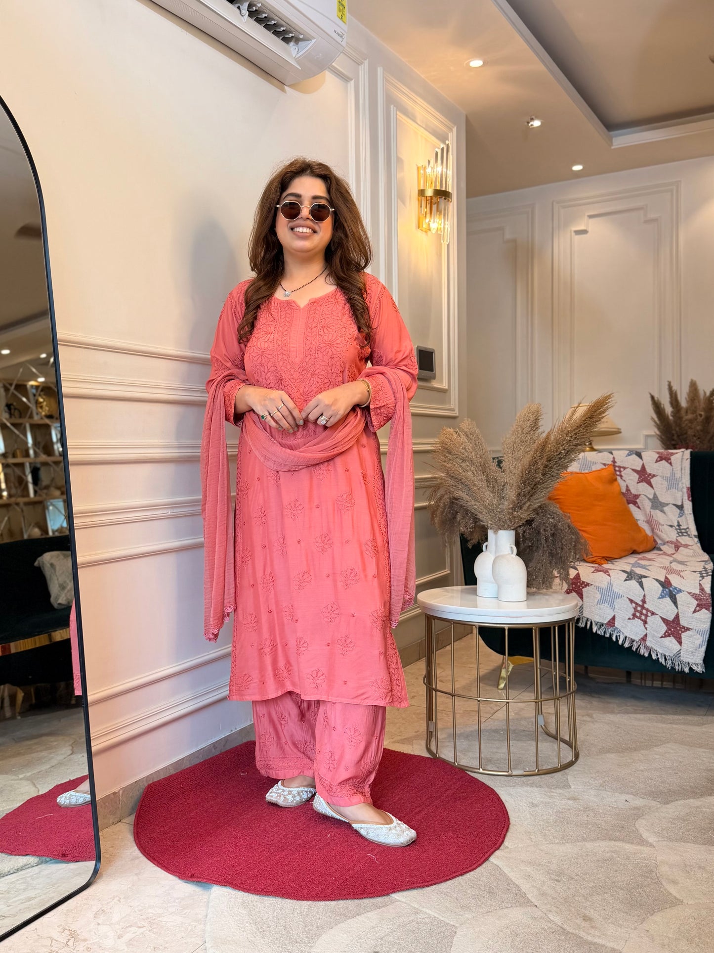 Hand Embroidered Chikankari 3 piece Kurta set | Mul Chanderi | Rust