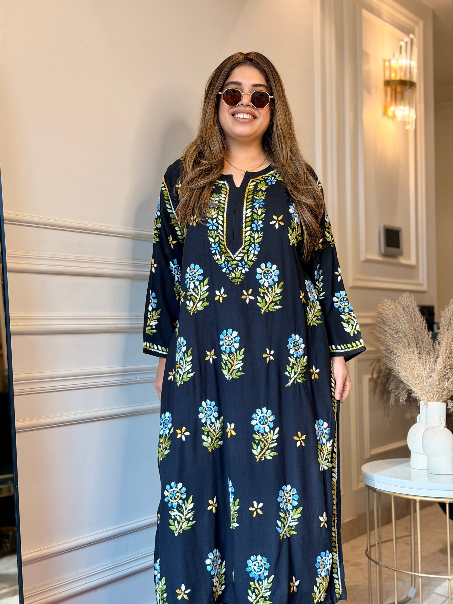 Hand Embroidered Chikankari Kurta set | Premium Soft Cotton | Black with Blue