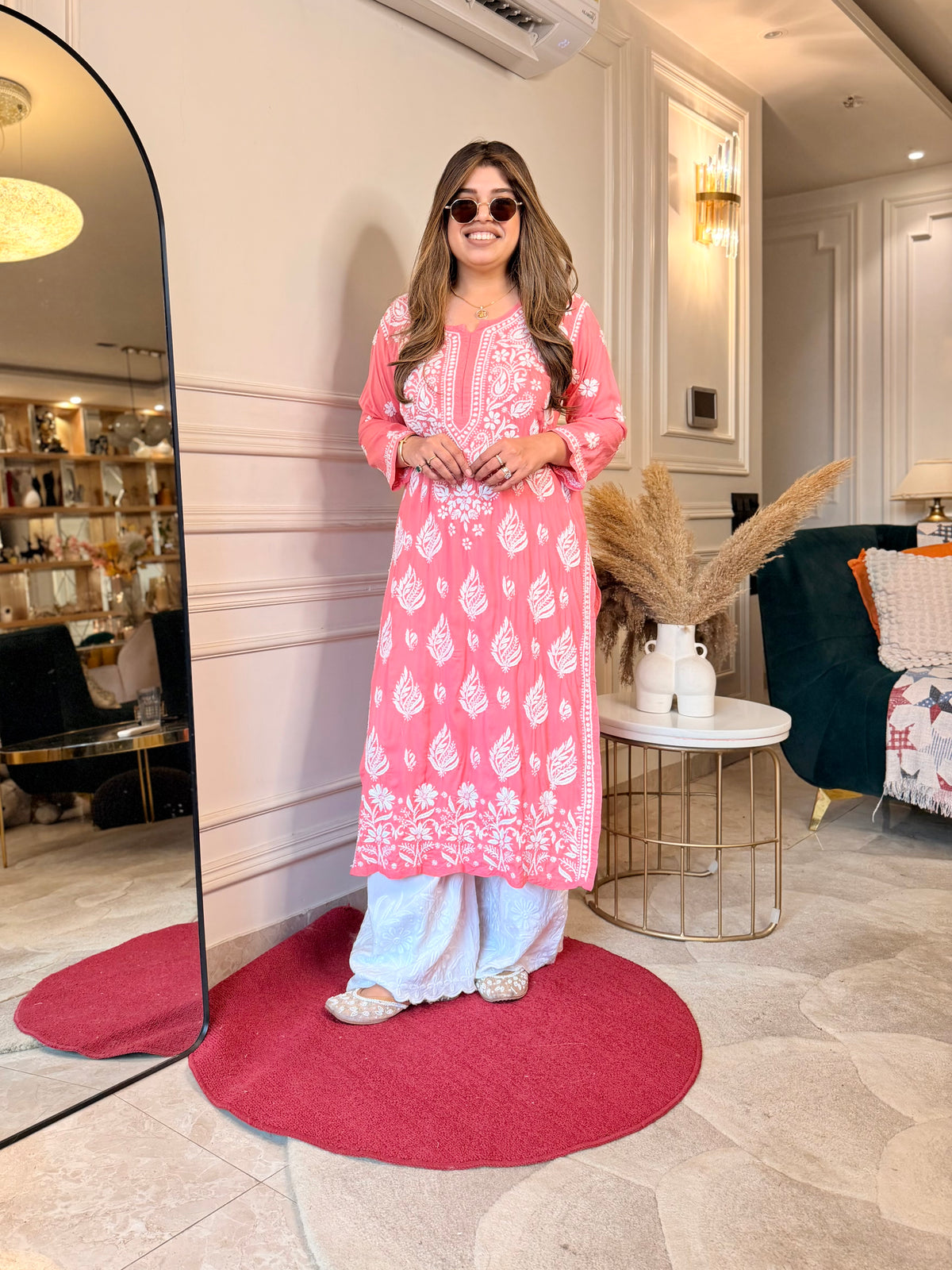 Hand Embroidered 3D Chikankari Kurta | Mul Chanderi | Coral Pink