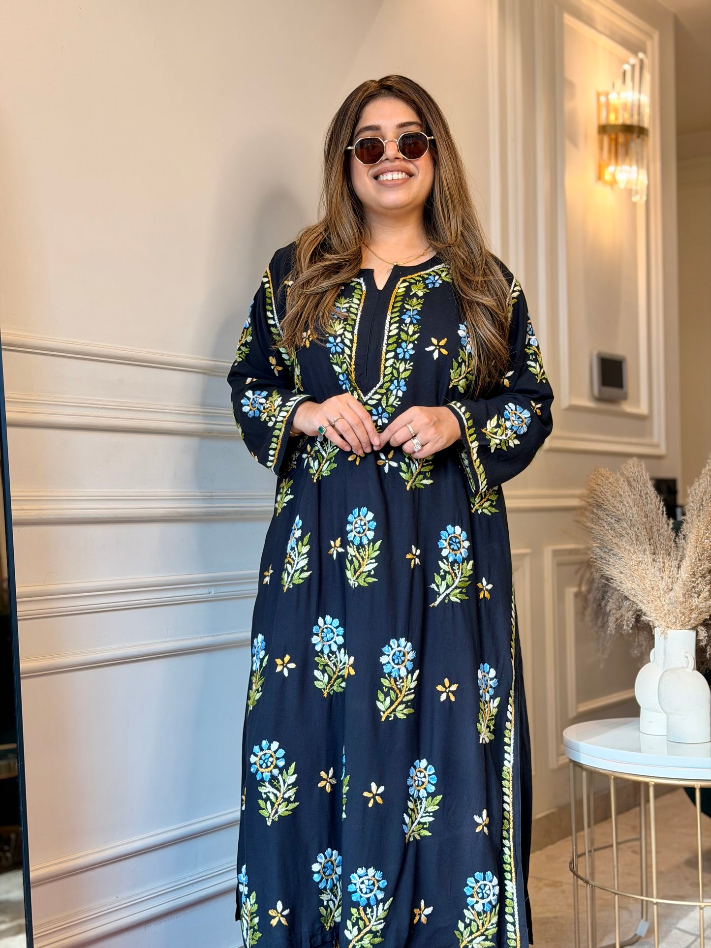 Hand Embroidered Chikankari Kurta set | Premium Soft Cotton | Black with Blue