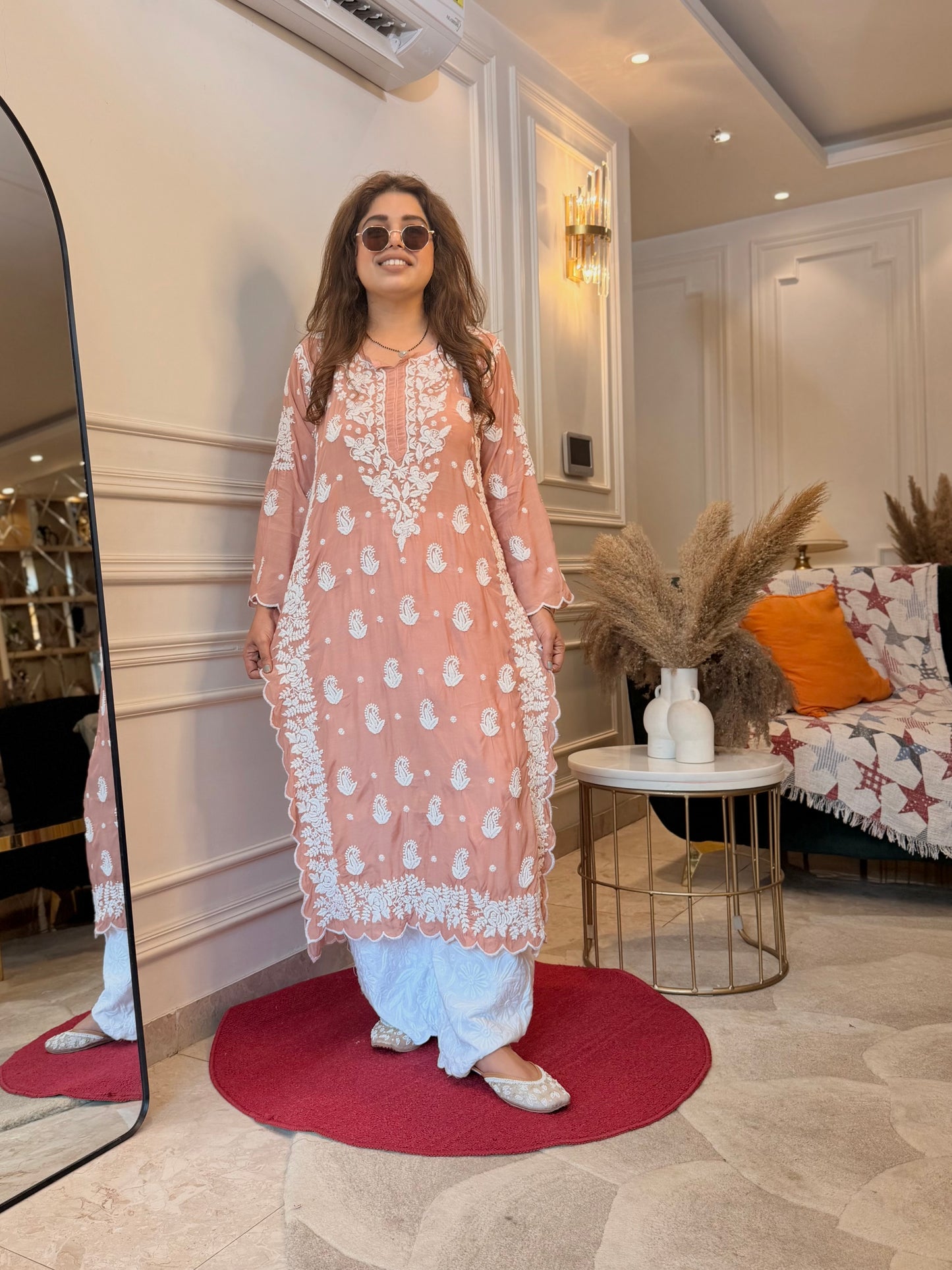 Hand embroidered 6D Chikankari Kurta | Mul Chanderi | Sand