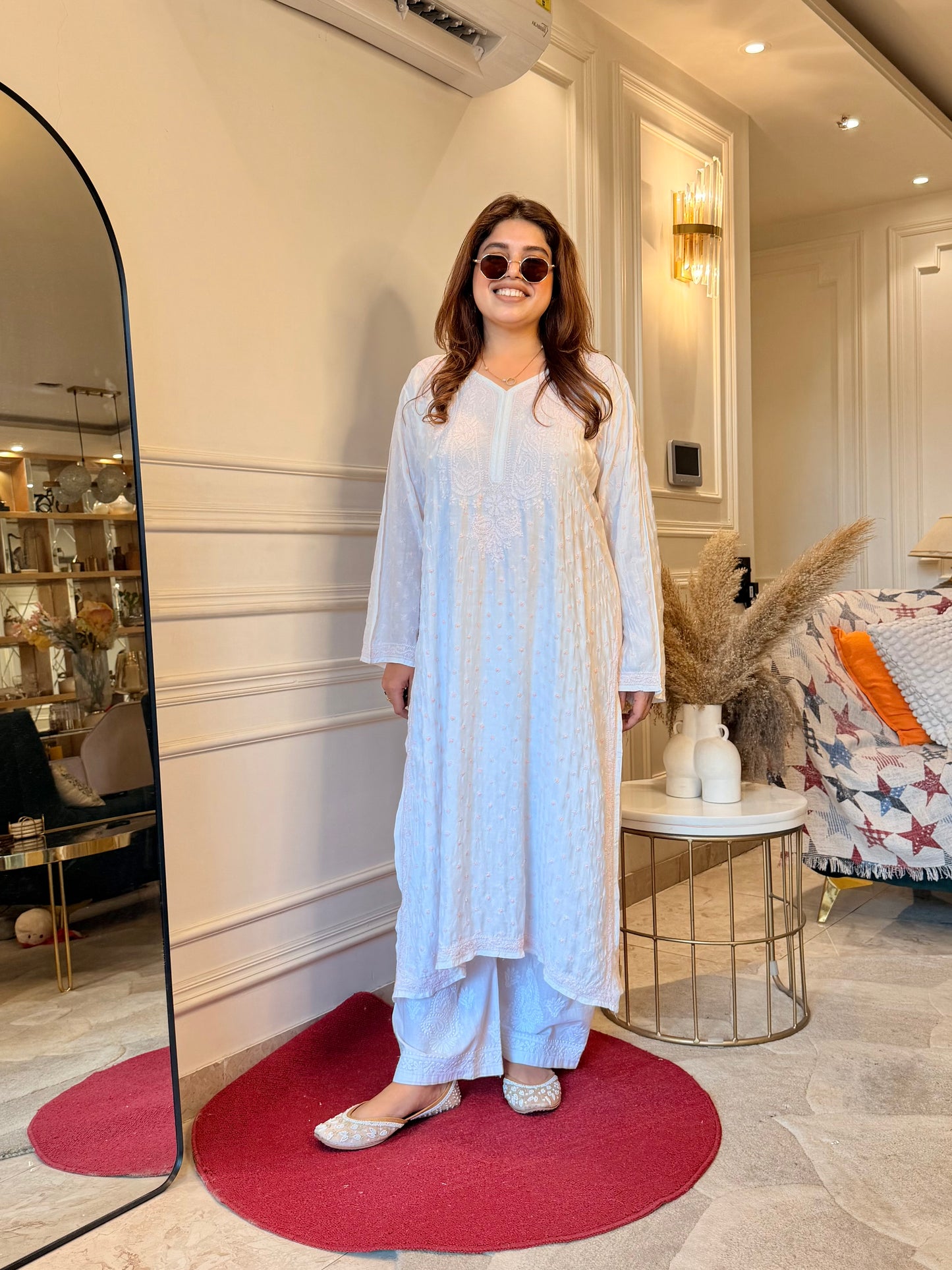Hand Embroidered Chikankari Kurta  | Mul Chanderi | white with Pink| Plus Size